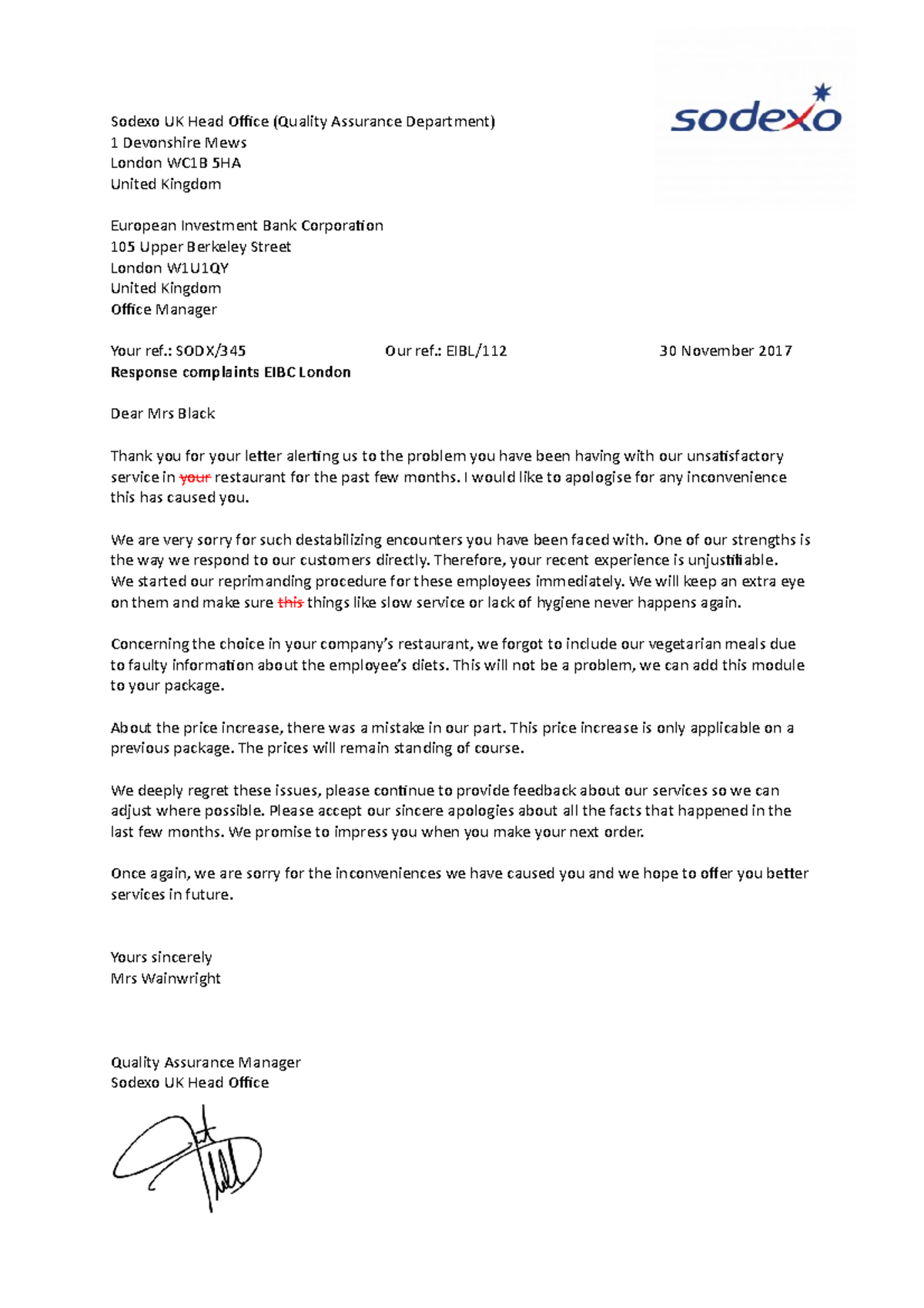 Business-letter- Engels VERB - Sodexo UK Head Office (Quality Assurance ...