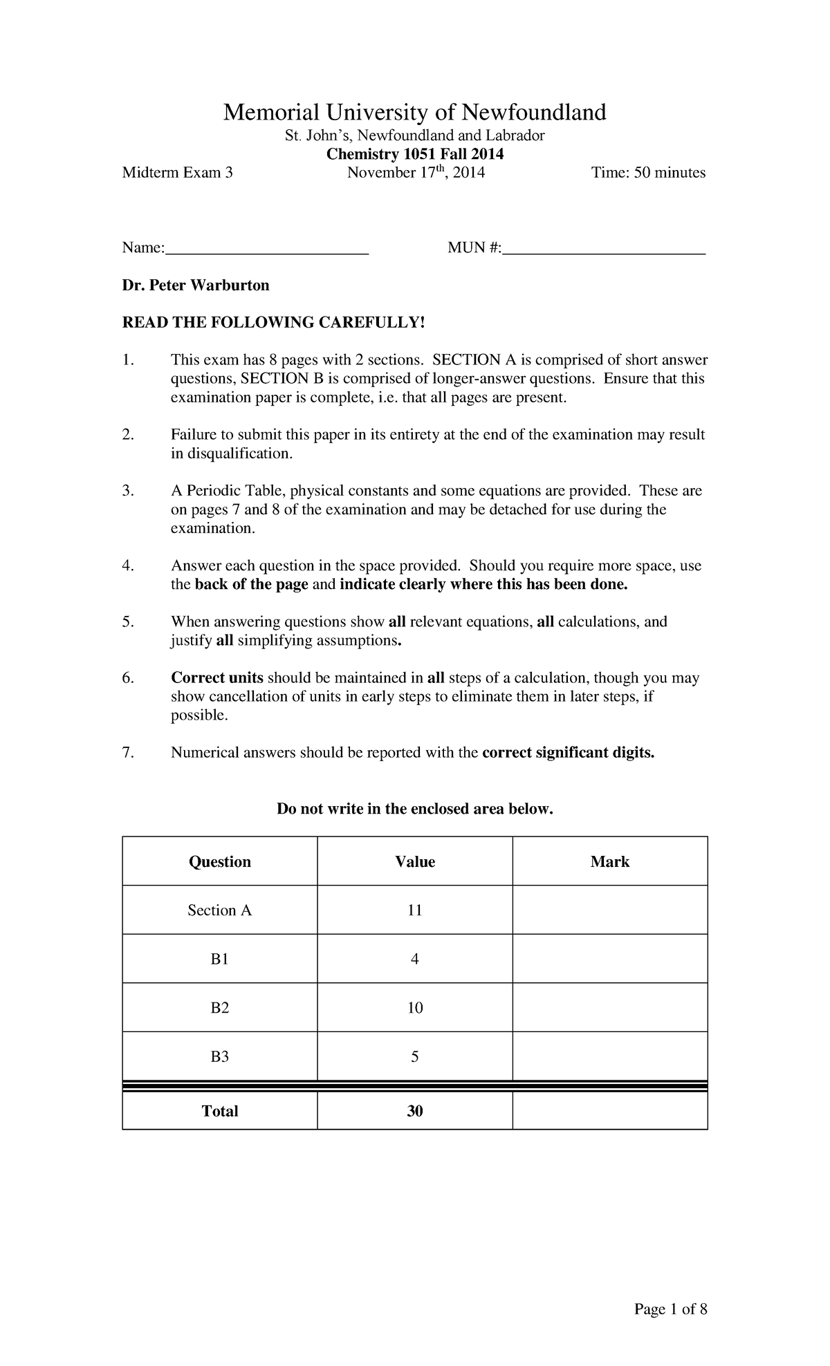 Exam 3 November 2014, questions and answers - Midterm exam - Memorial ...