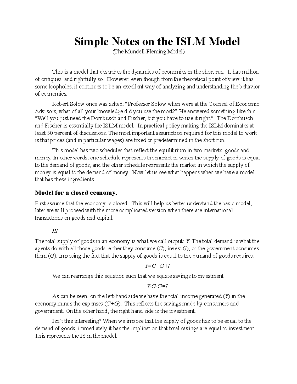 Notes on closed IS-LM model - Simple Notes on the ISLM Model (The ...