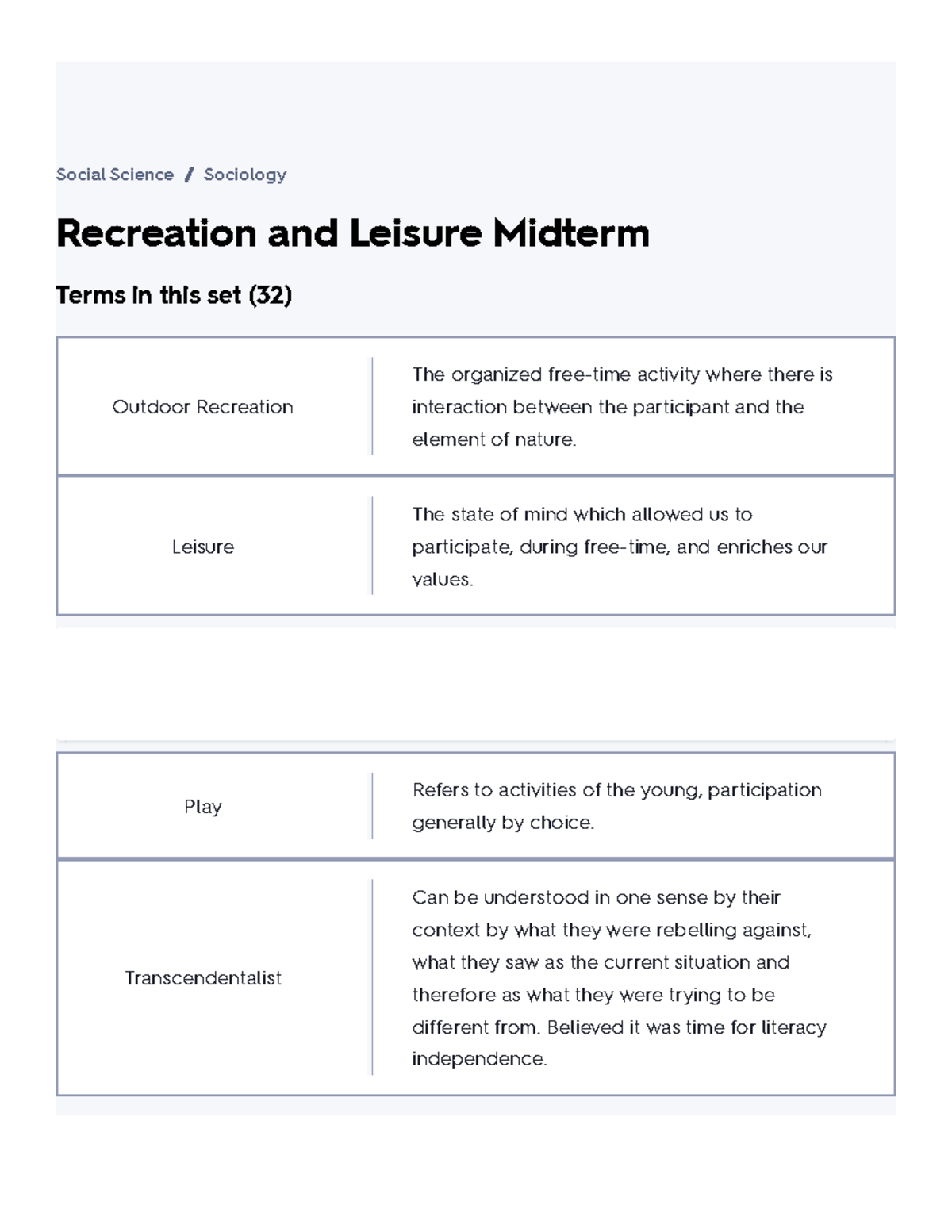 Recreation and Leisure Midterm Flashcards Quizlet Recreation and Leisure Midterm Social