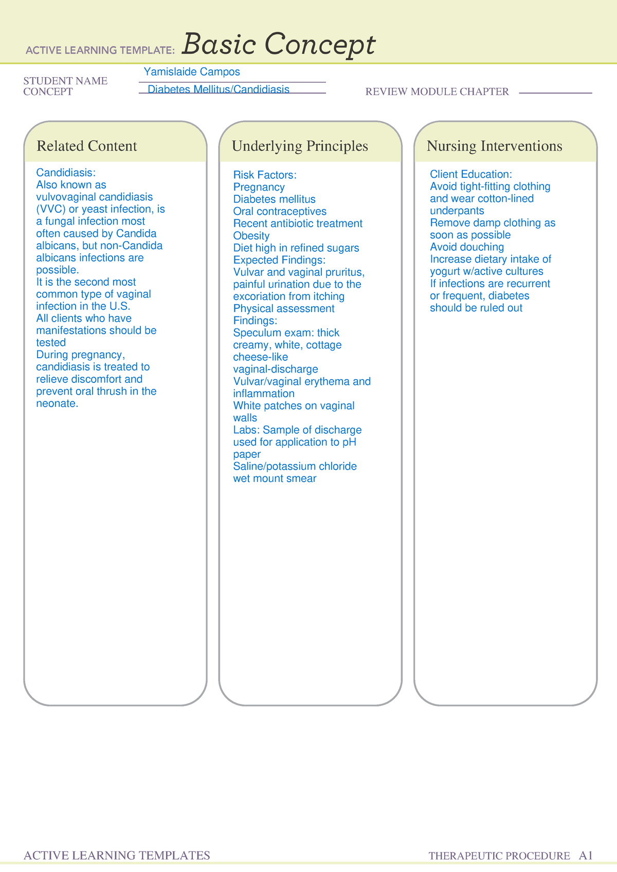 Basic Concept form/Diabetes Mellitus/Candidiasis - MSN 5430 - STUDENT ...