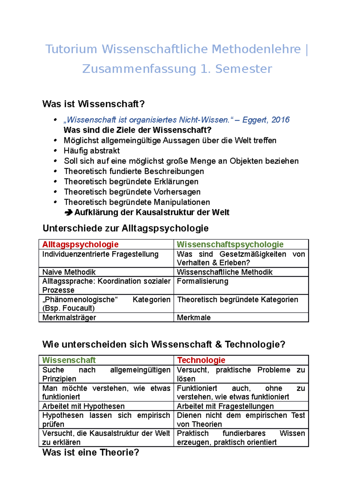 Tutorium Wissenschaftliche Methodenlehre Zusammenfassung Semester Was ist Wissenschaft? Studocu