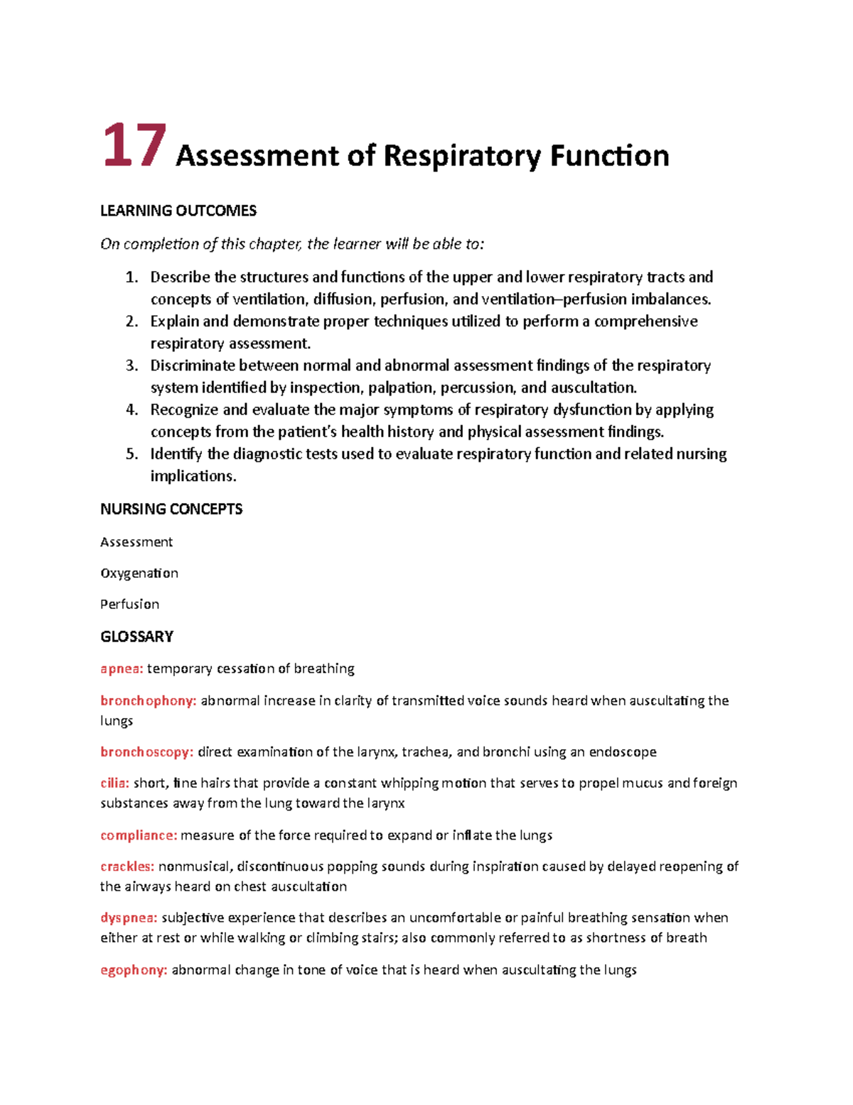 Exam 2 Study Guide copy - 17 Assessment of Respiratory Function ...