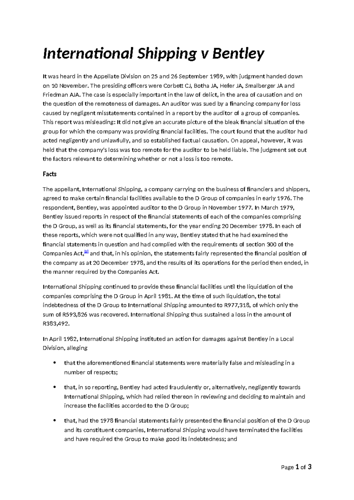 Int Shipping v Bentley study notes International Shipping v Bentley
