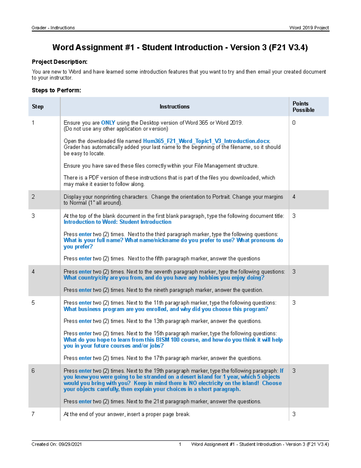 Word Assignment #1 - Student Introduction - Version 3 (F21 V3 - Steps ...