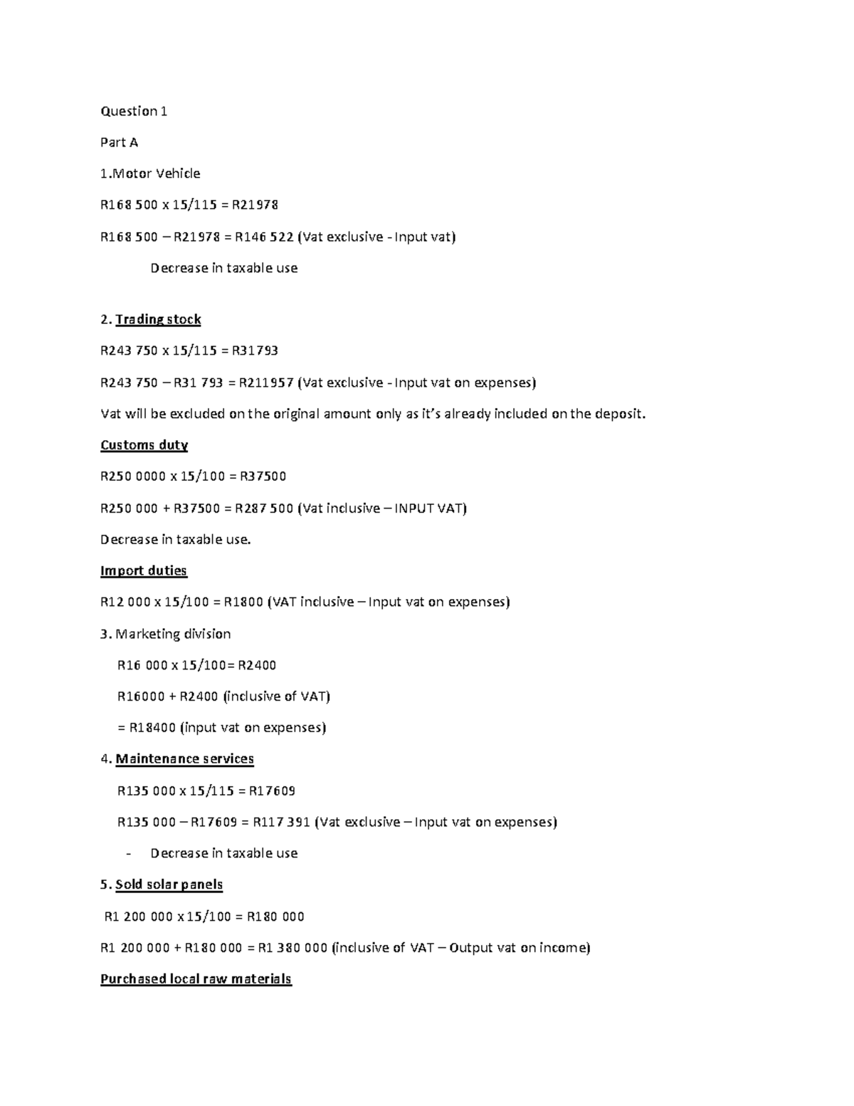 20759169 TAX3761 - Question 1 Part A 1 Vehicle R168 500 x 15/115 = R ...