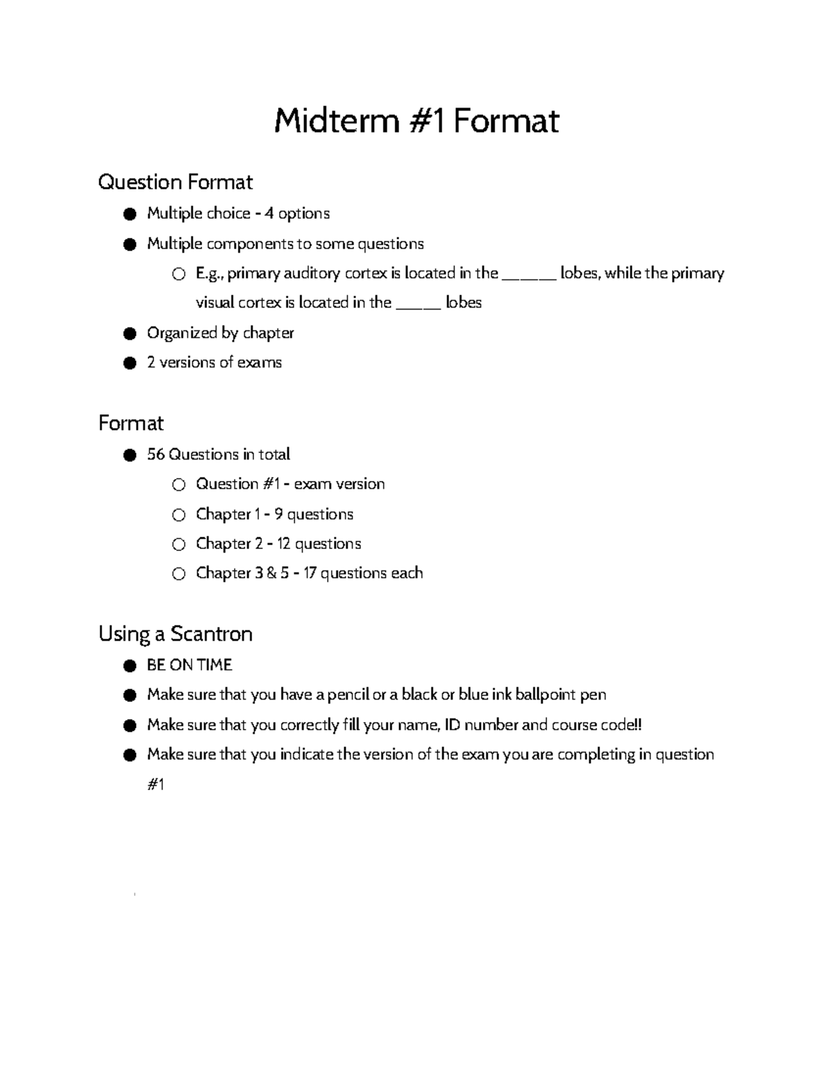 PSY 1101 - Midterm #1 Format + Notes - Midterm #1 Format Question ...