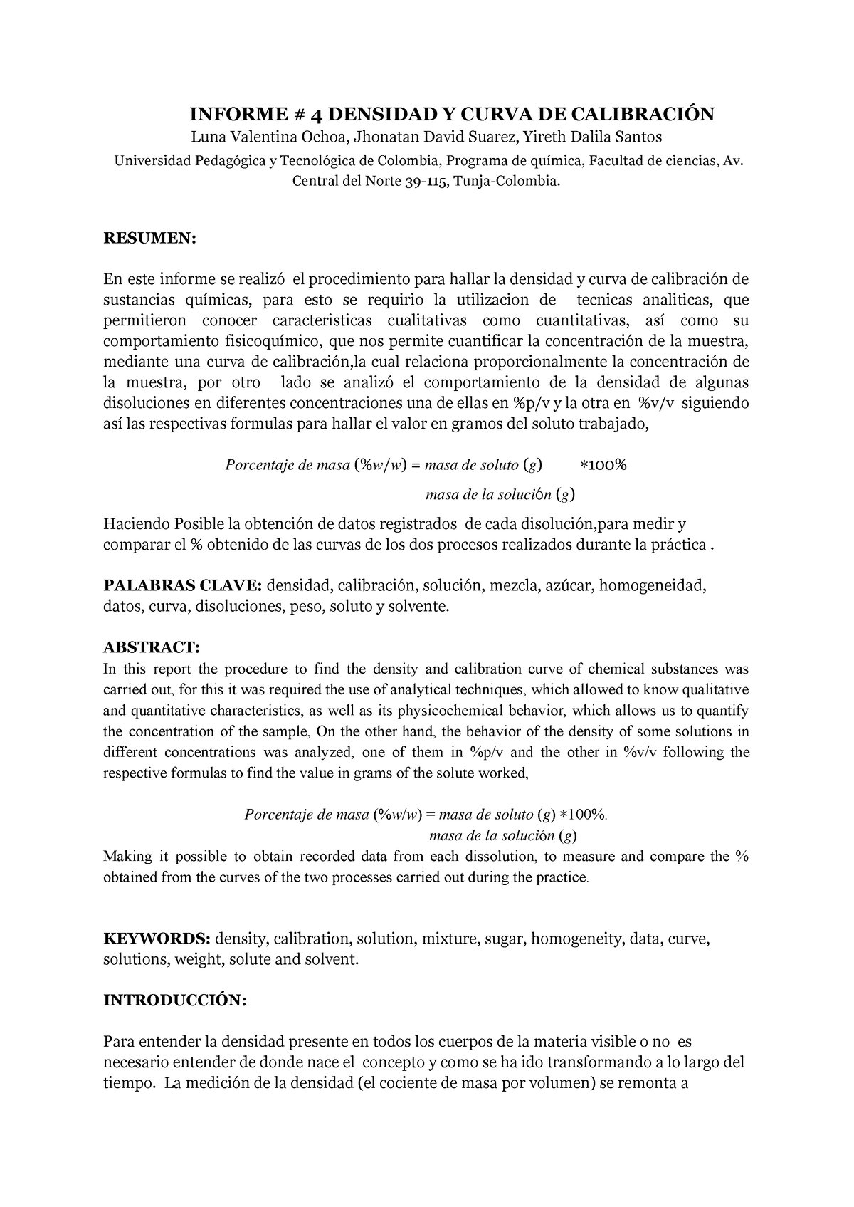 Informe 4 Densidad Y Curva De Calibración Informe 4 Densidad Y