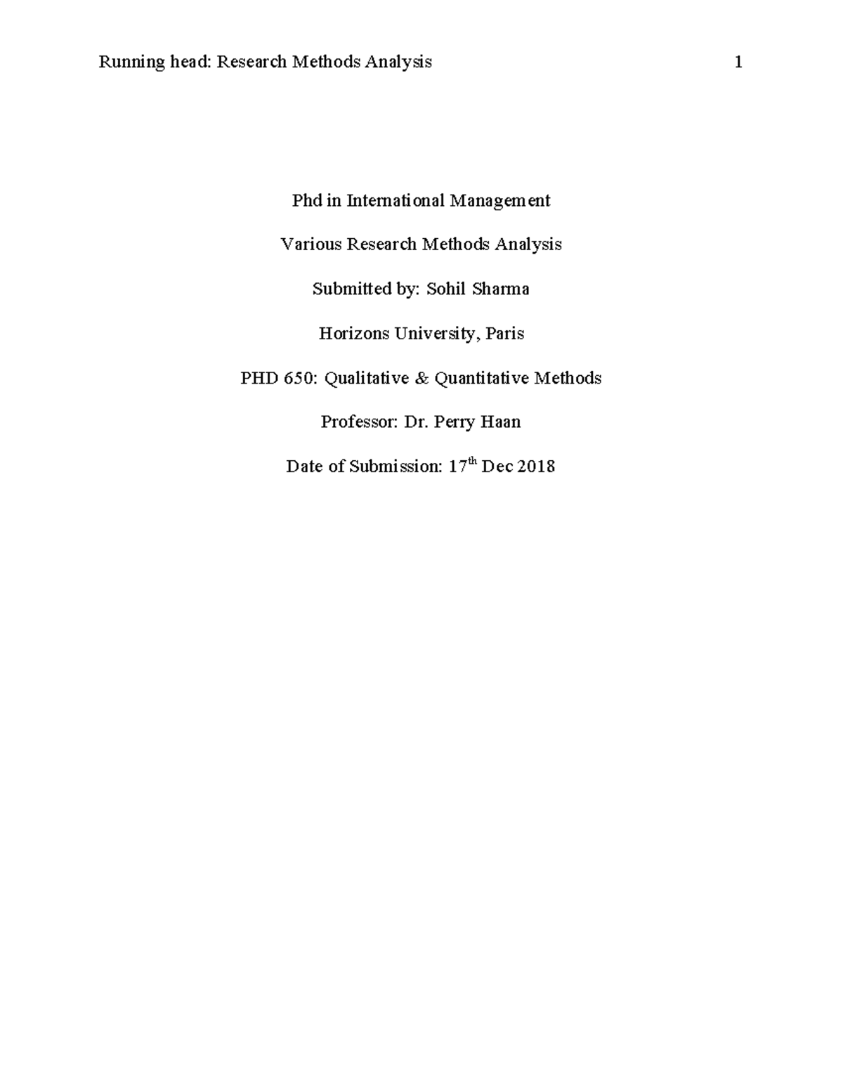 Module 1 Running head Research Methods Analysis 1 Phd in