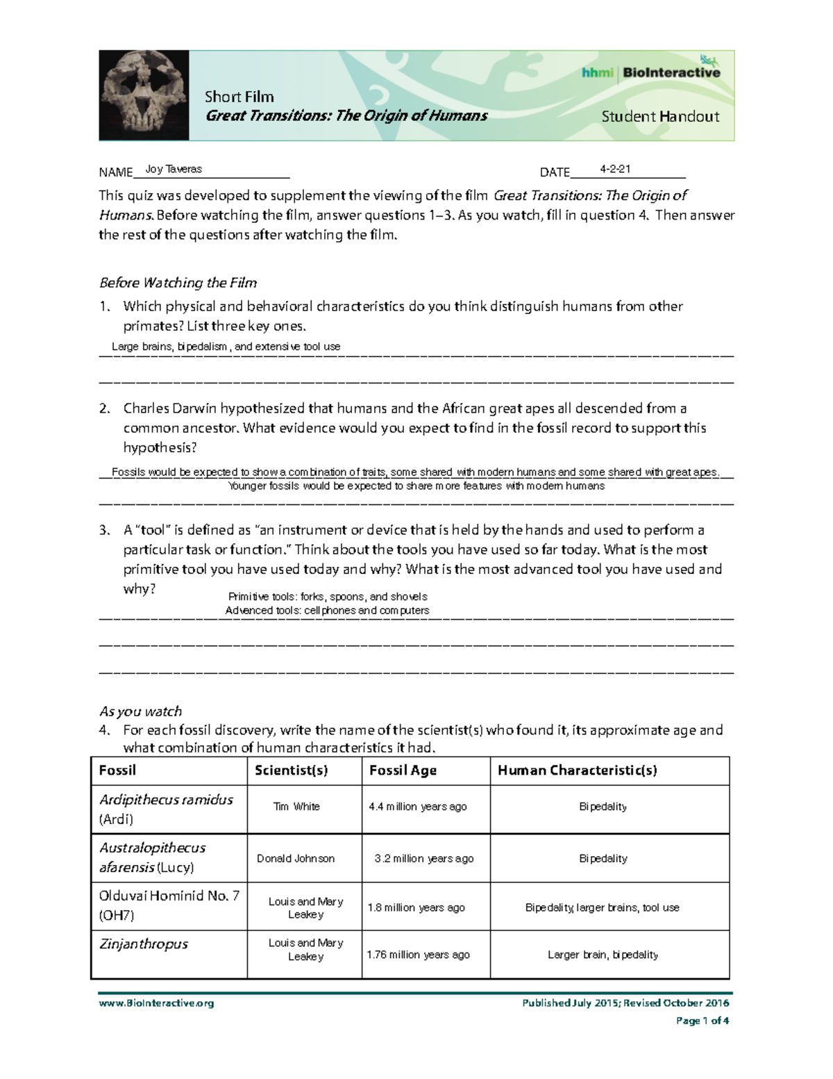 IDGQuiz Origin Of Humans BioInteractive Published July 2015 Revised 