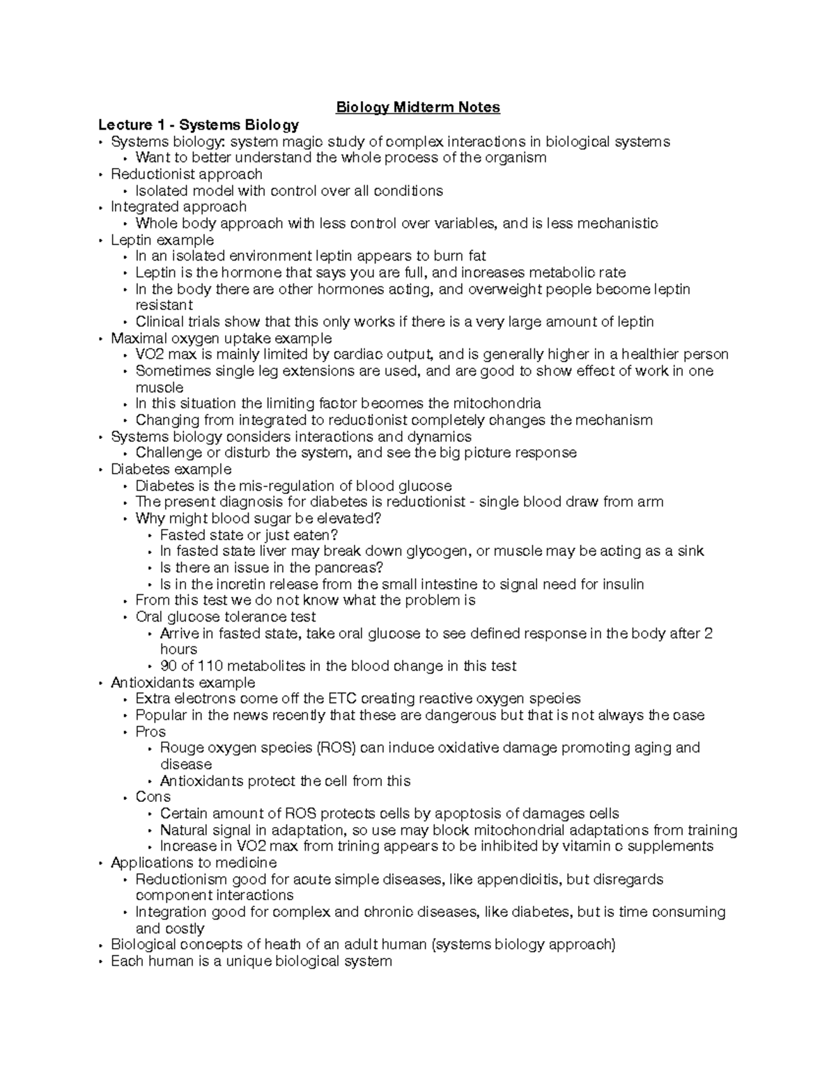 Bio Midterm Notes - Biology Midterm Notes Lecture 1 - Systems Biology ...