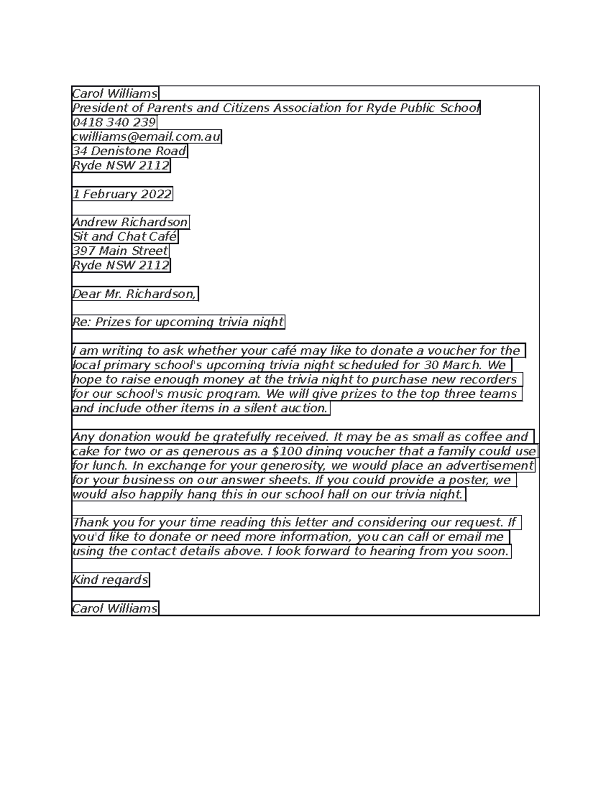 Sample - not applicable - Carol Williams President of Parents and ...