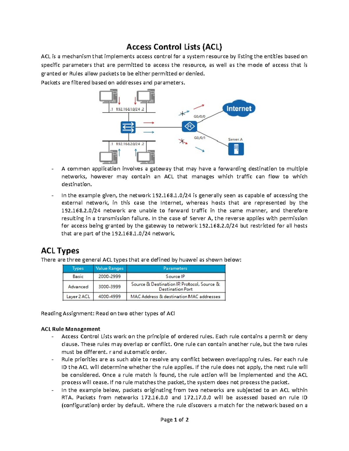 6.0 ACL - Good notes - Page 1 of 2 Access Control Lists (ACL) ACL is a ...