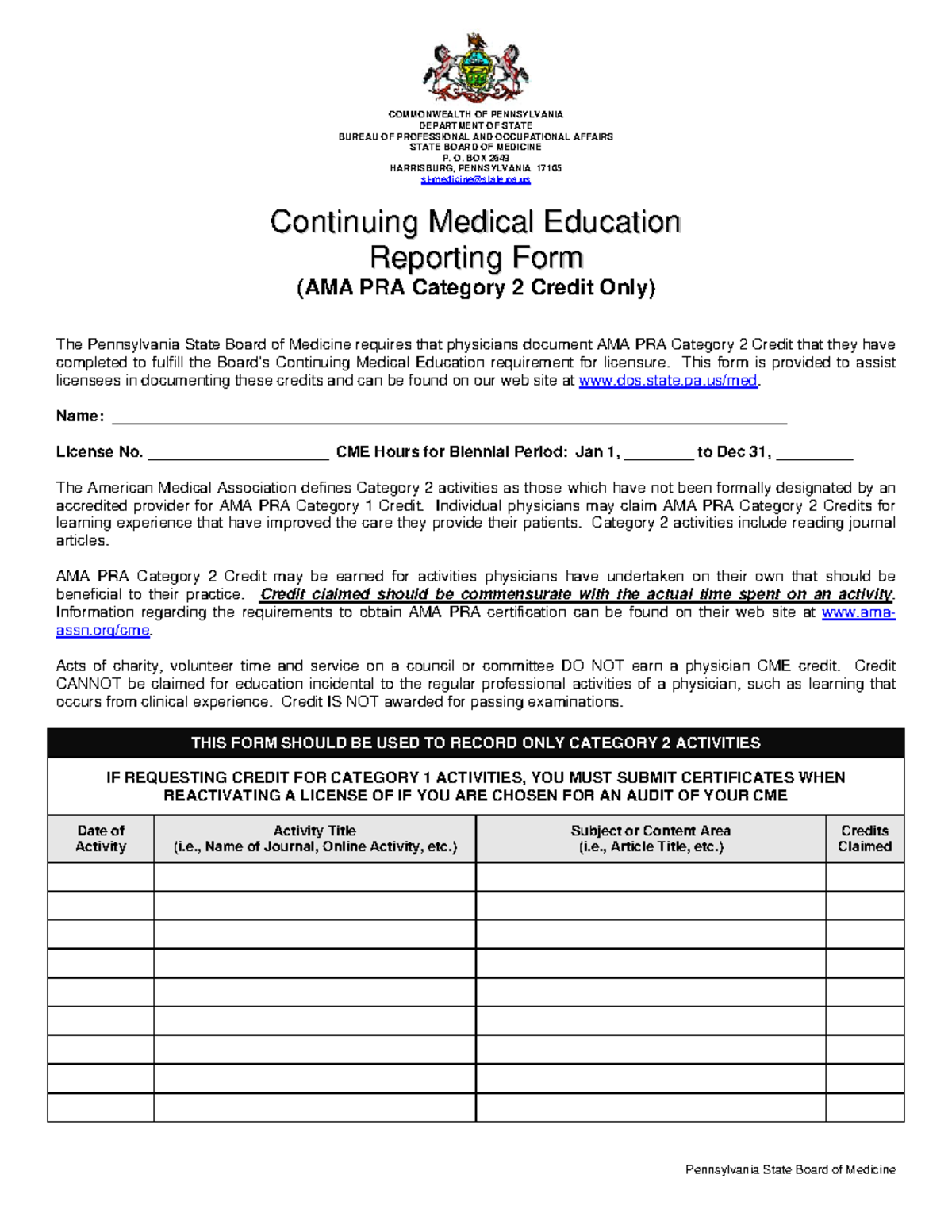 Med F CME Category 2 Reporting Form Physicians Only COMMONWEALTH OF PENNSYLVANIA