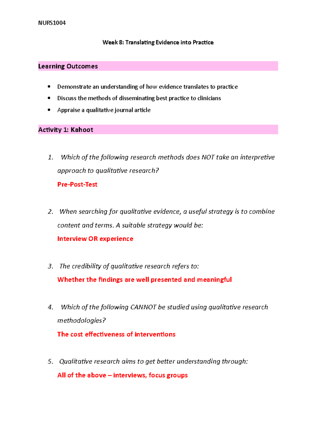 T8 Translating Evidence Into Practice - NURS Week 8: Translating ...