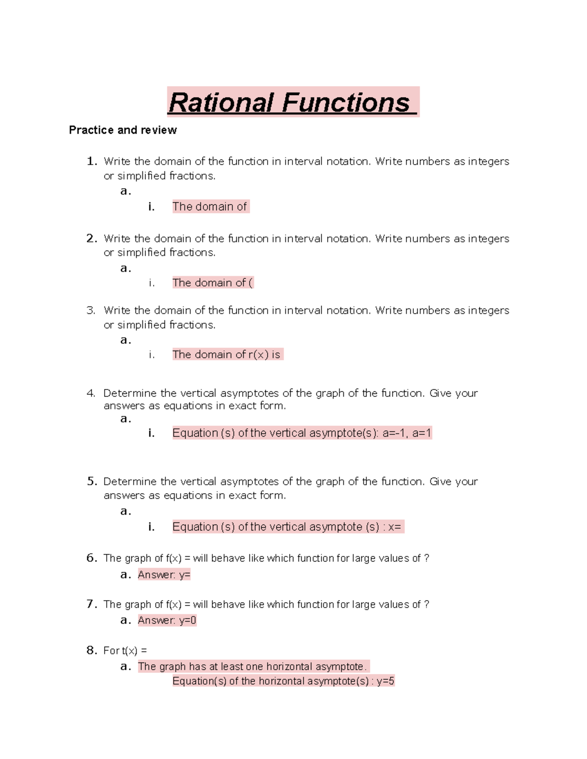Rational Functions - Rational Functions Practice and review 1. Write ...