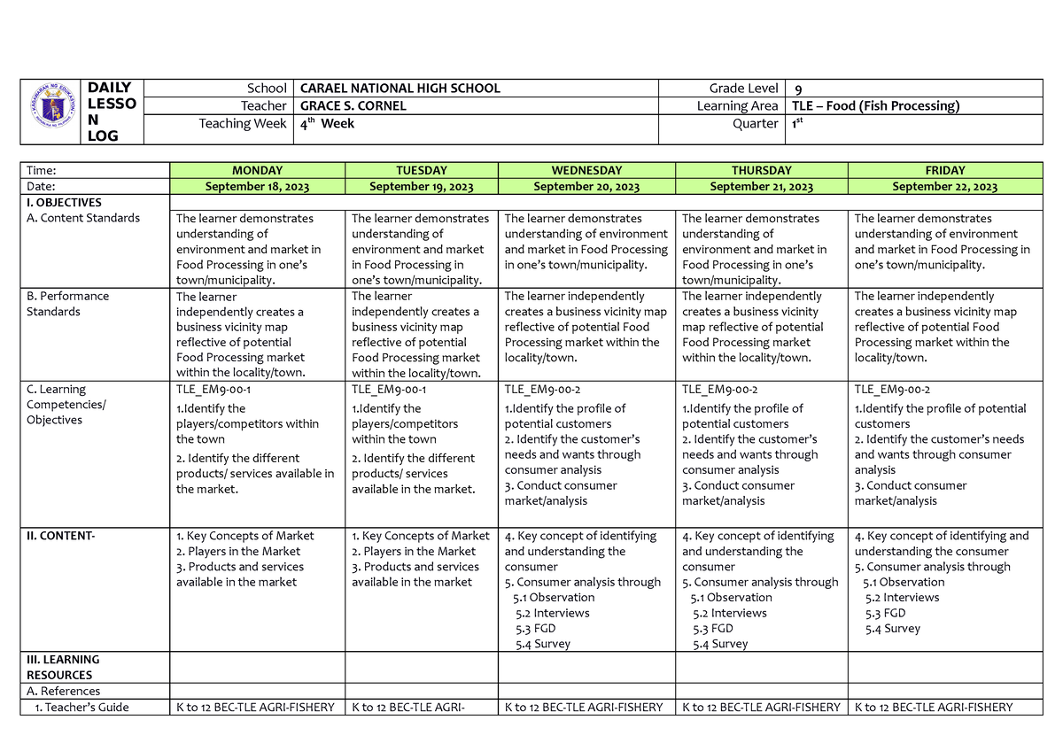 Q1 Week4 Sept.18-22, 2023 DLL Food (Fish) Processing - DAILY LESSO N ...