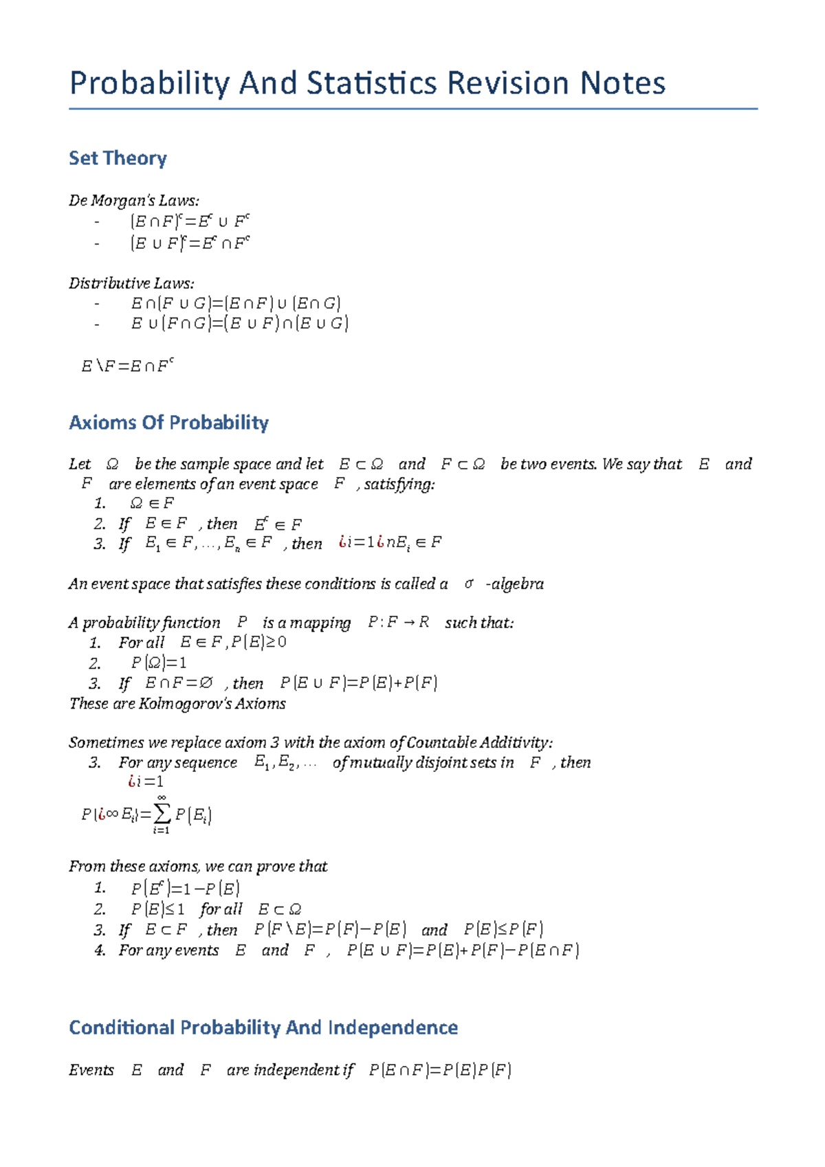 Probability And Stats Revision Notes - Probability And Statistics ...