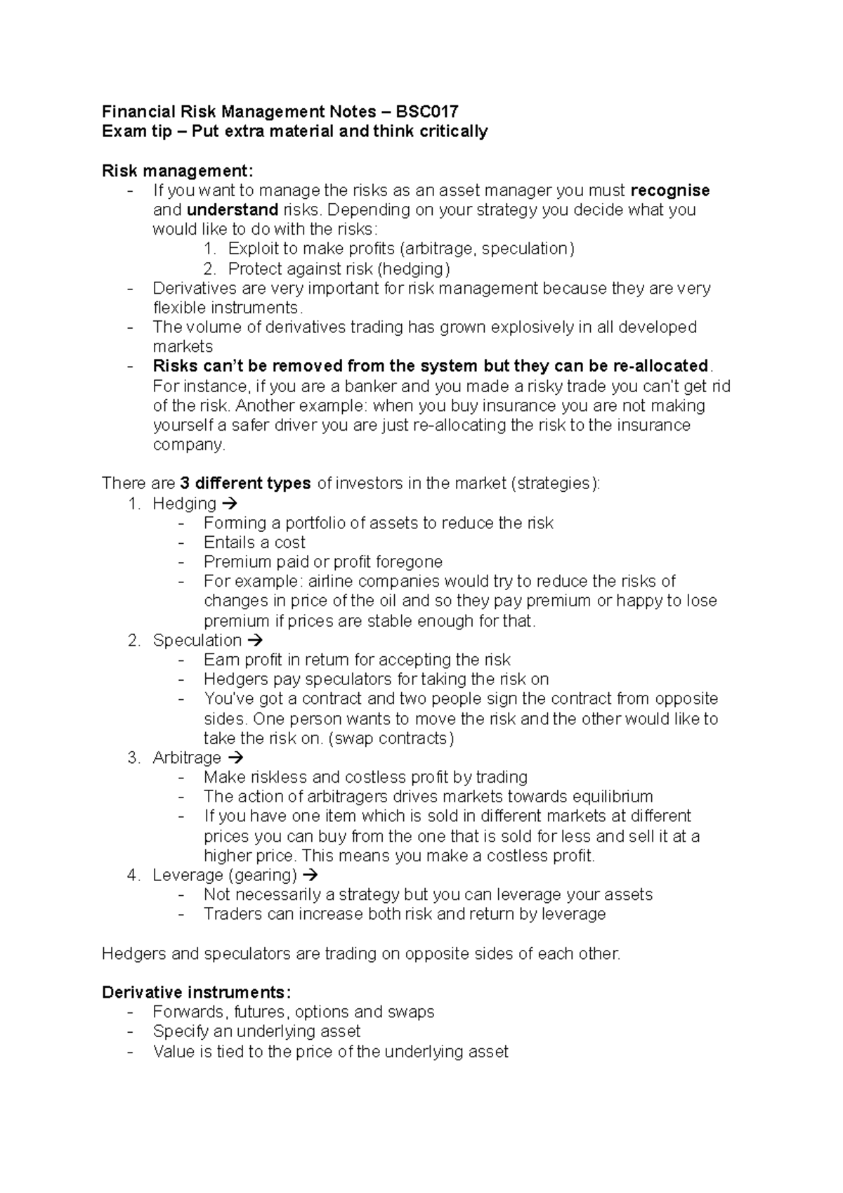Financial Risk Management Notes - 17BSC016 - Lough - Studocu