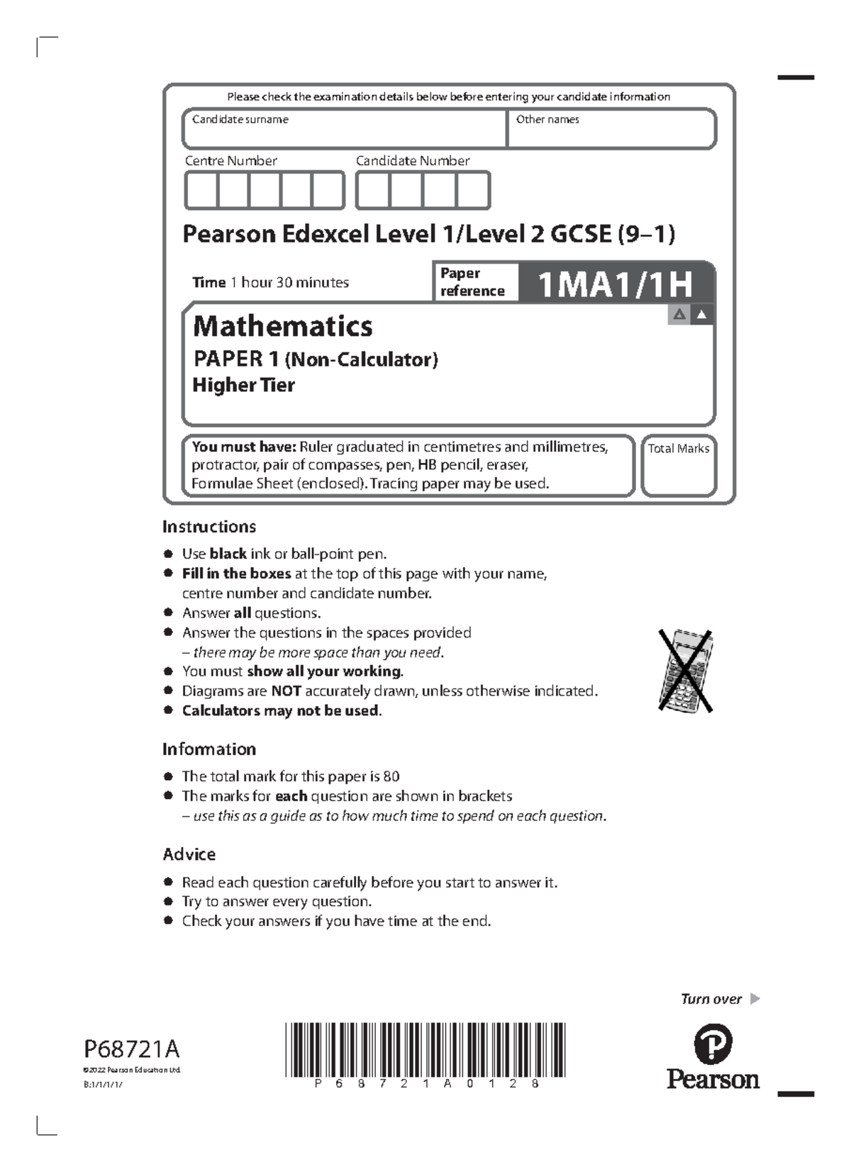 Edexcel GCSE Maths Higher Paper 1 Non Calculator November 2022 - Centre ...