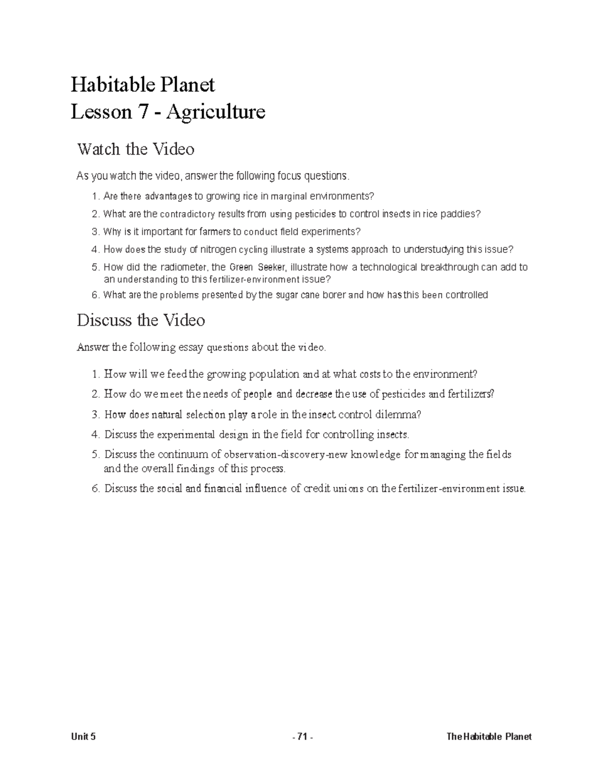 Habitable Planet Lesson 71 - Habitable Planet Lesson 7 Agriculture ...