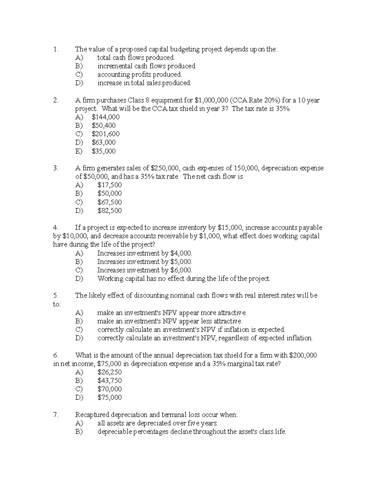 Ch. 9 Exercise - Multiple Choice With Answers - The Value Of A Proposed ...