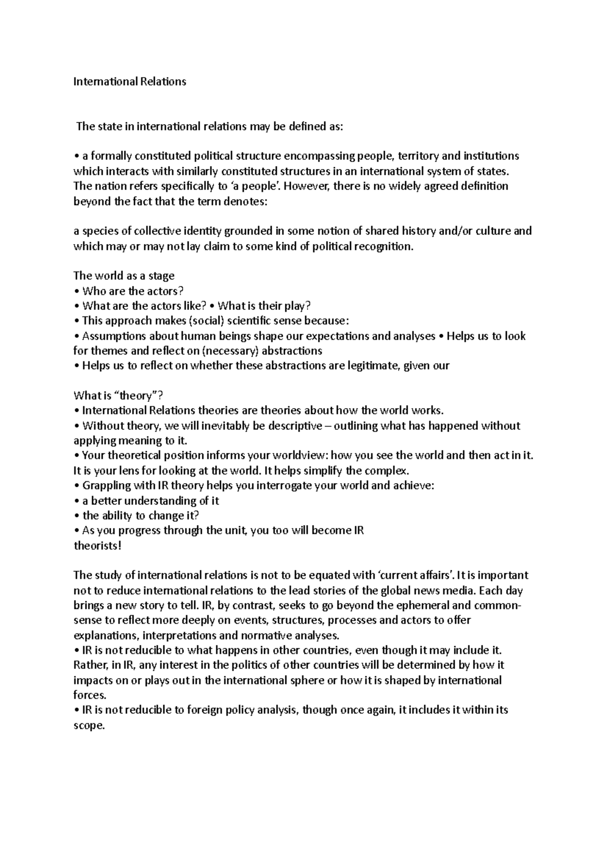 International Relations Exam notes - International Relations The state ...
