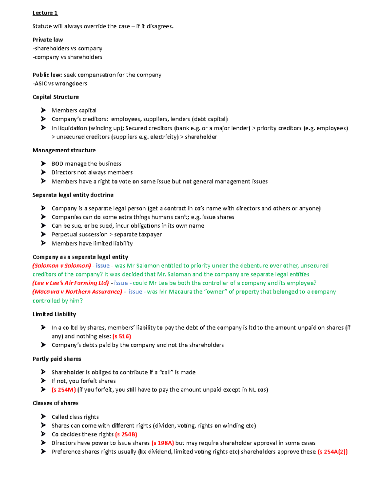 Corporate law notes lectures 13 Lecture 1 Statute will always