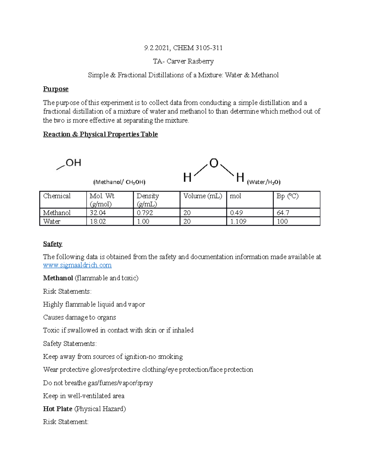 Ochem Exp 1- Simple & Fractional Distillations Of A Mixture: Water ...