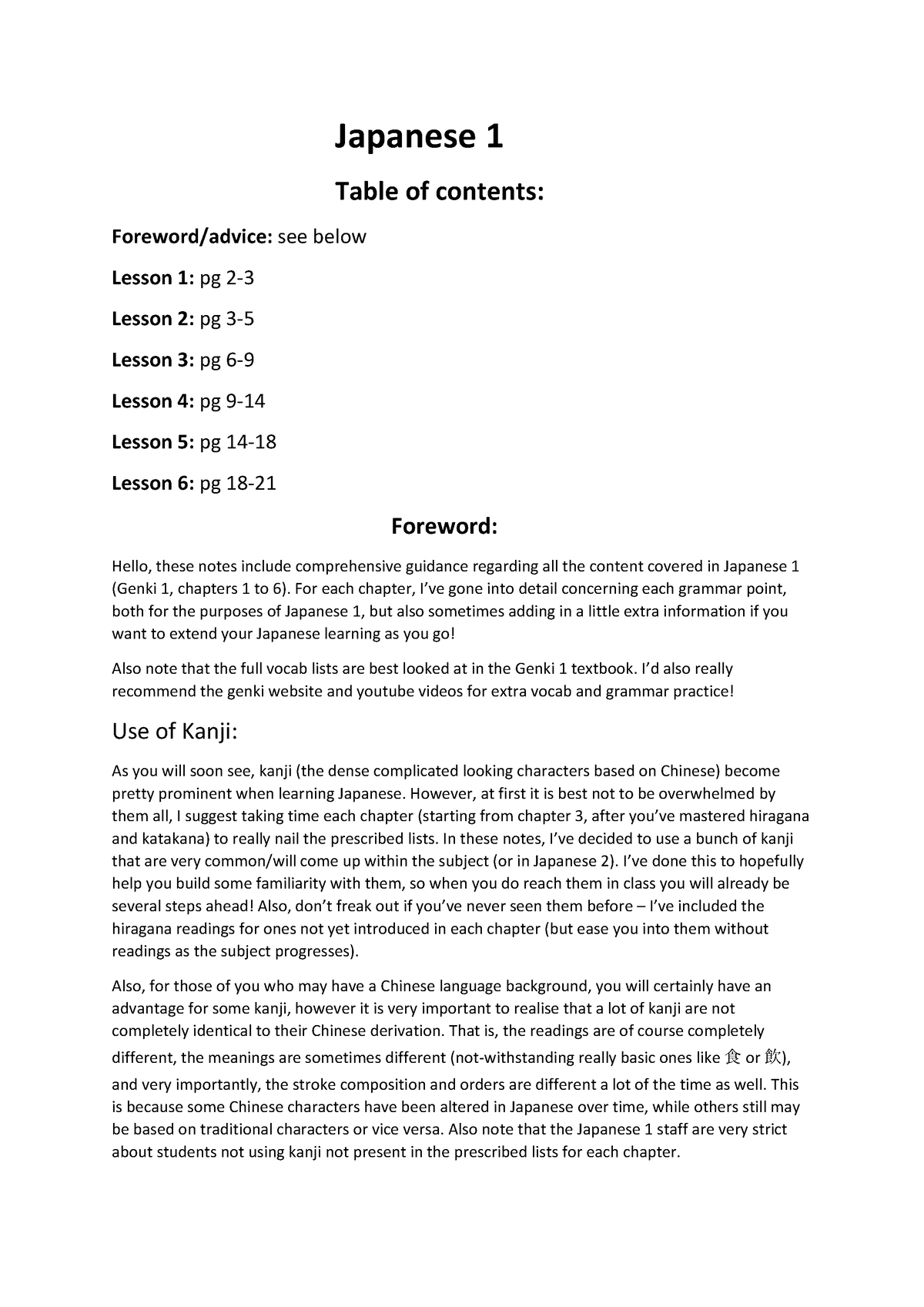 Japanese 1 japn10001 comprehensive h1 notes - Japanese 1 Table of