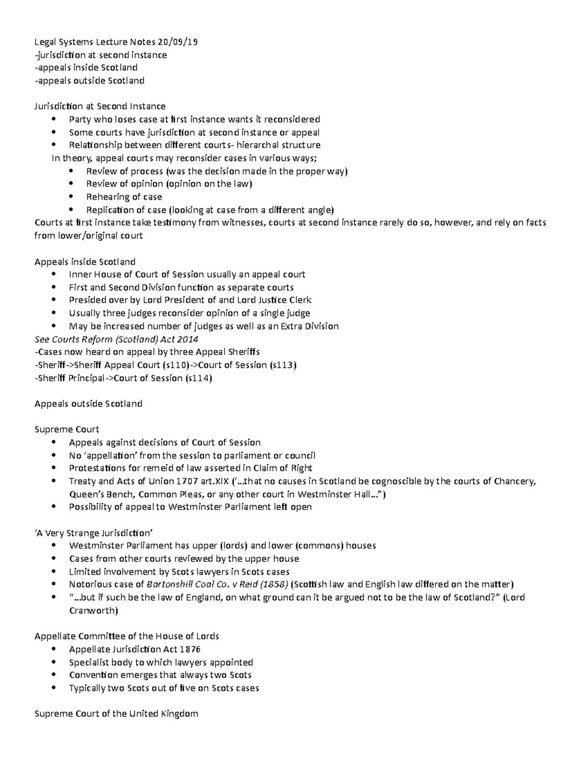 Civil Courts 2 Lecture Notes 2019 Legal Systems Lecture Notes 20/09