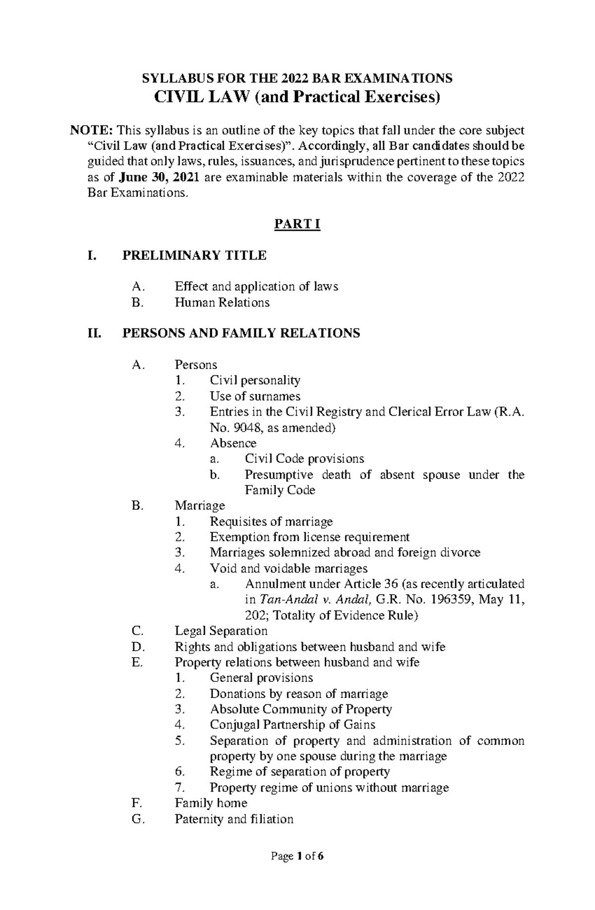 Bb 2civ 2022 SYYLLABUS SYLLABUS FOR THE 2022 BAR EXAMINATIONS CIVIL