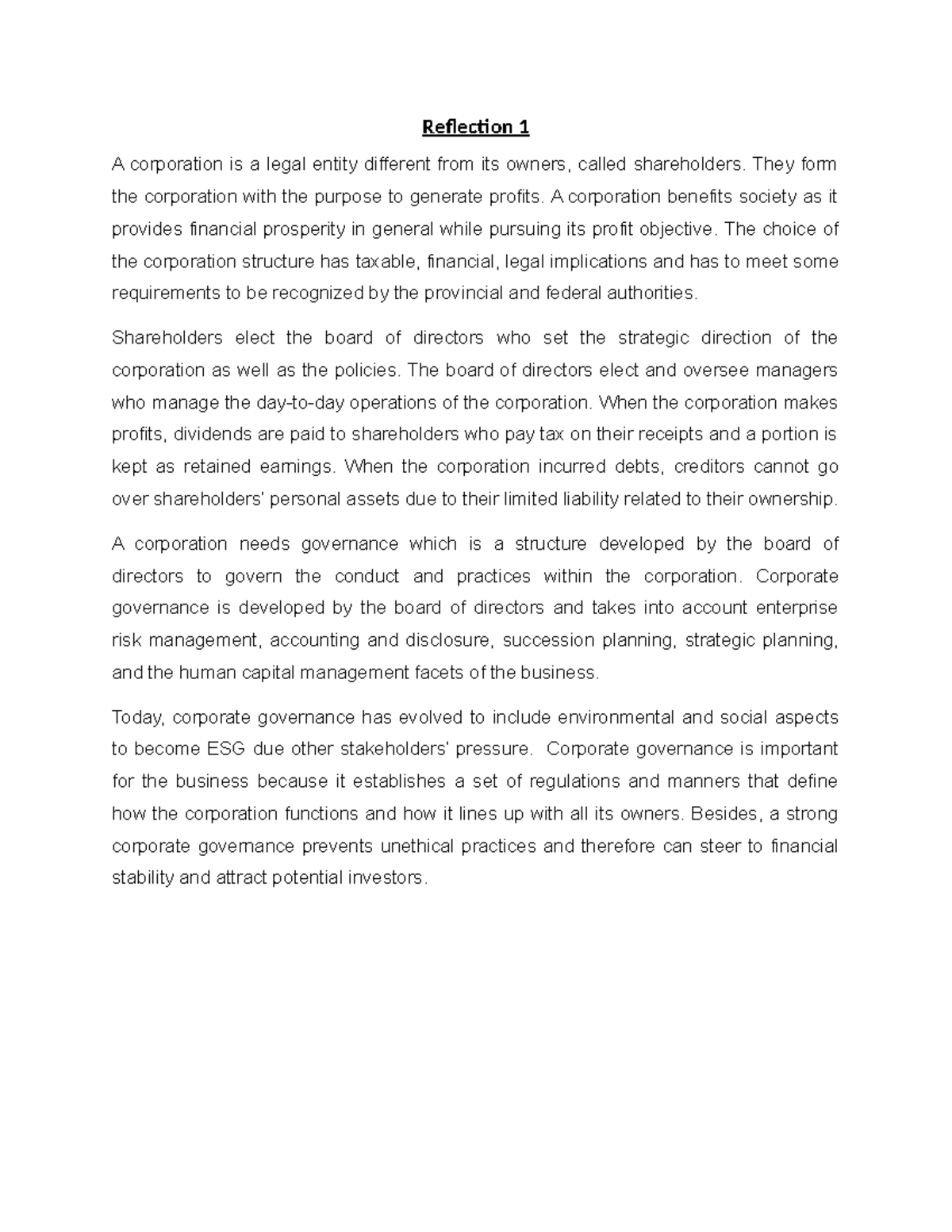 Reflection 1 - Governance & Accountability - Reflection 1 A corporation ...
