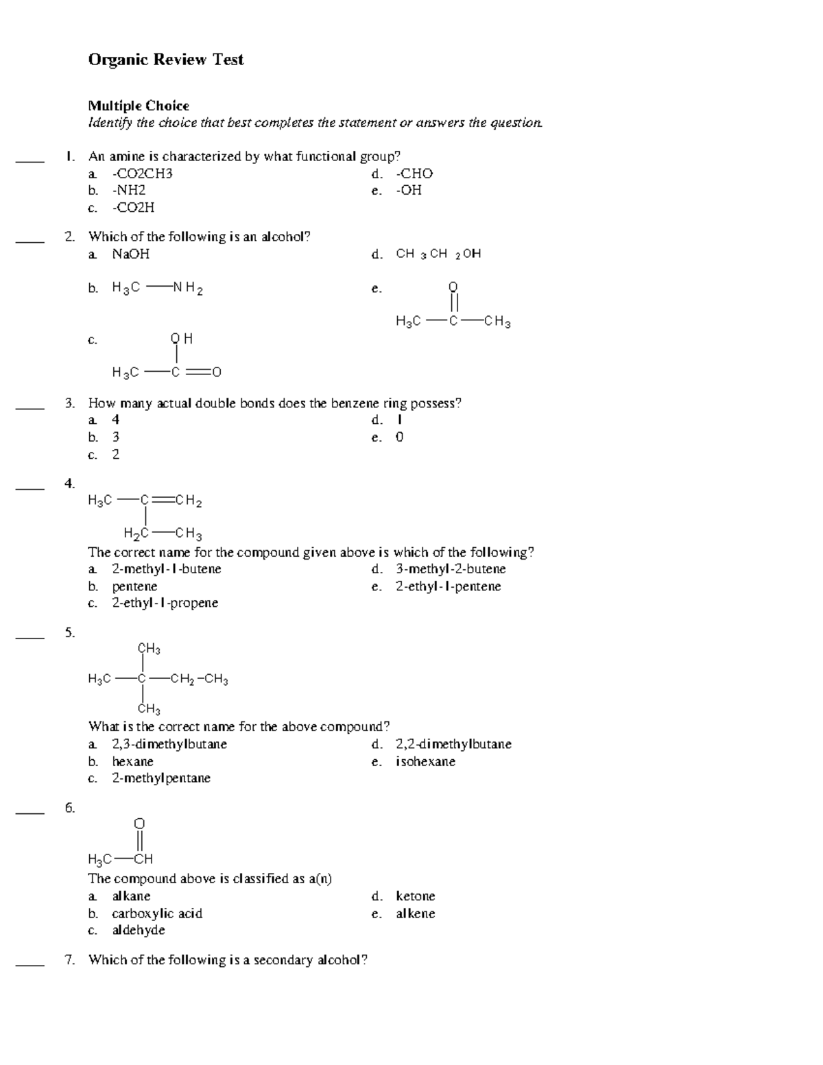 Organic review test - Organic Review Test Multiple Choice Identify the ...