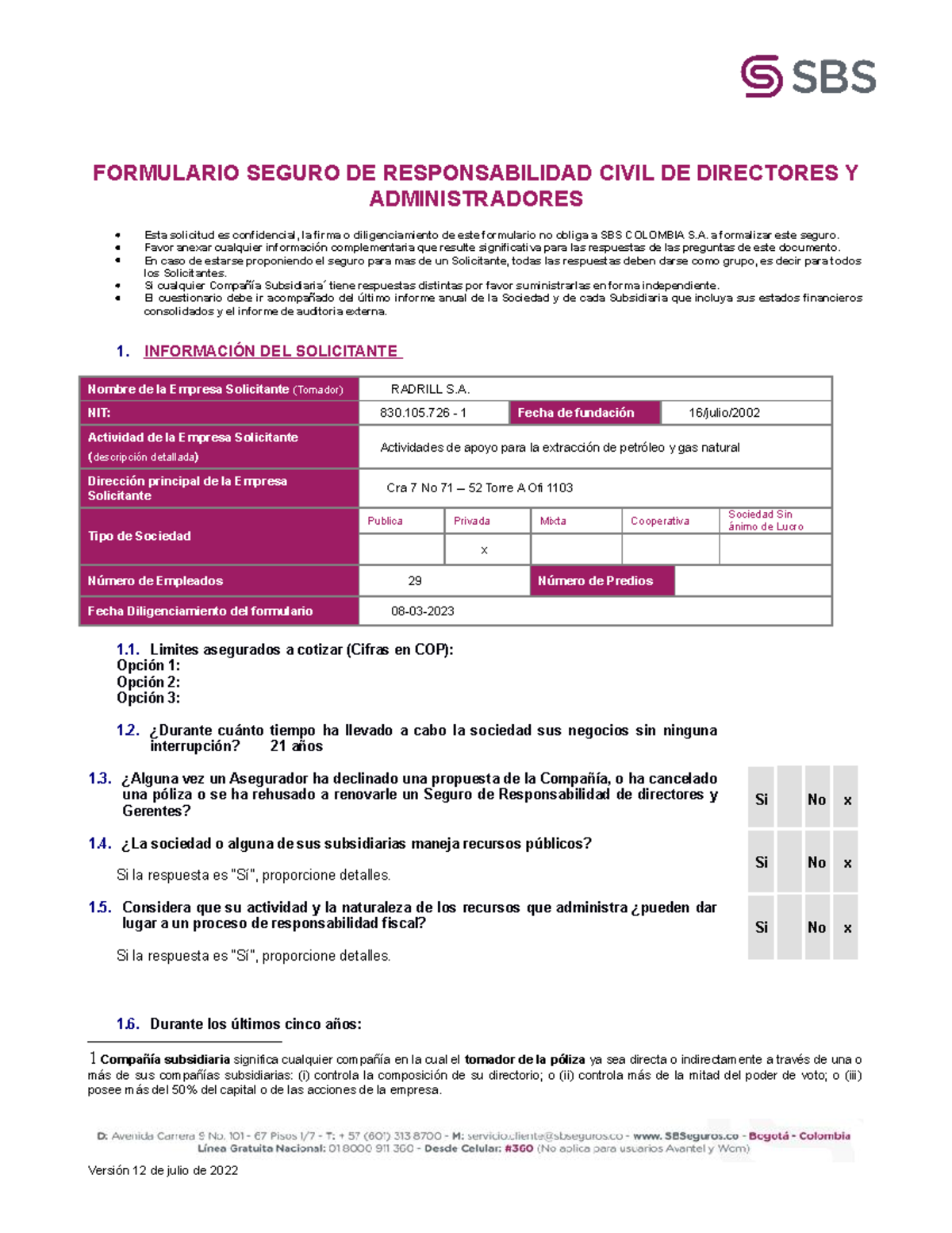 Formulario D O 12-07-2022 - FORMULARIO SEGURO DE RESPONSABILIDAD CIVIL ...