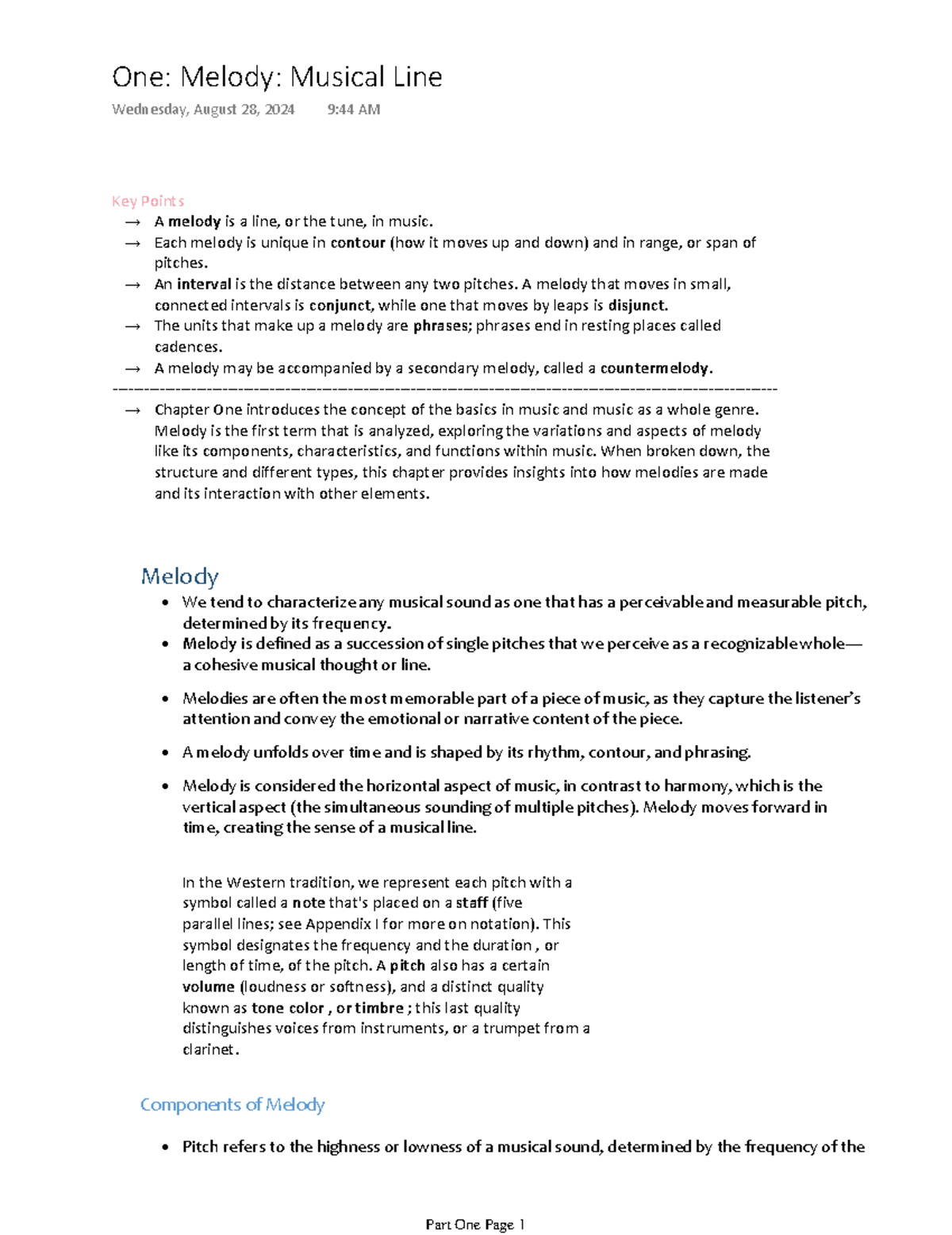 One Melody Musical Line - Key Points → A melody is a line, or the tune ...