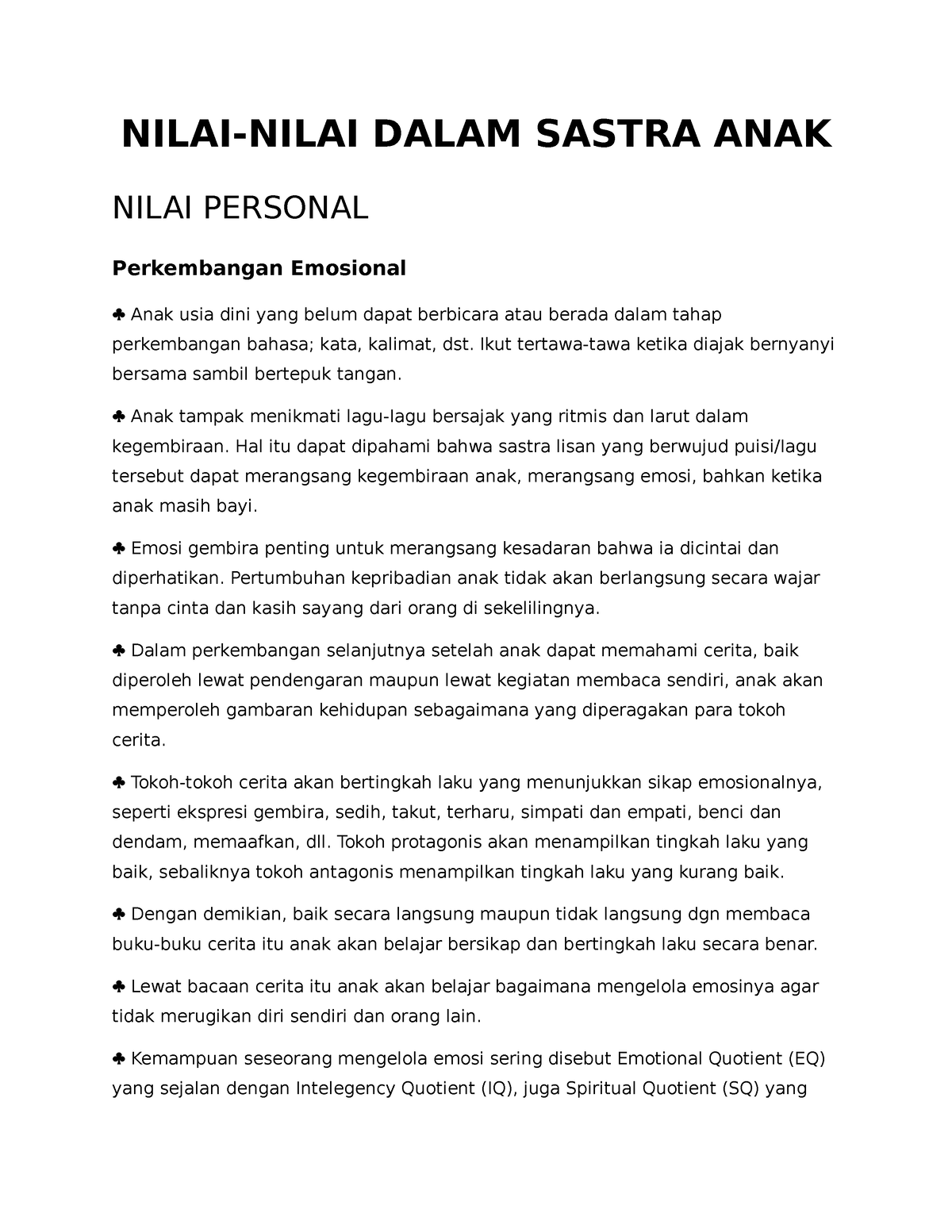 Sastra Anak - NILAI-NILAI DALAM SASTRA ANAK NILAI PERSONAL Perkembangan ...