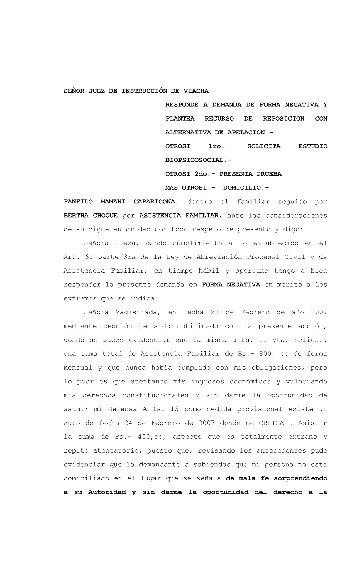 Contestacion A La Demanda De Asist Fam SeÑor Juez De InstrucciÓn De Viacha Responde A 4823