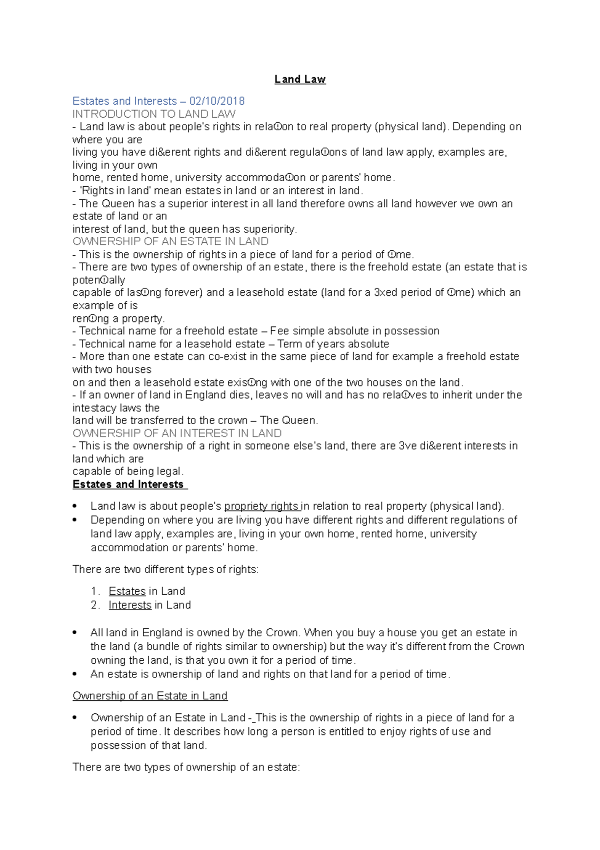 Land Law Notes Land Law Estates And Interests 02 10 INTRODUCTION 
