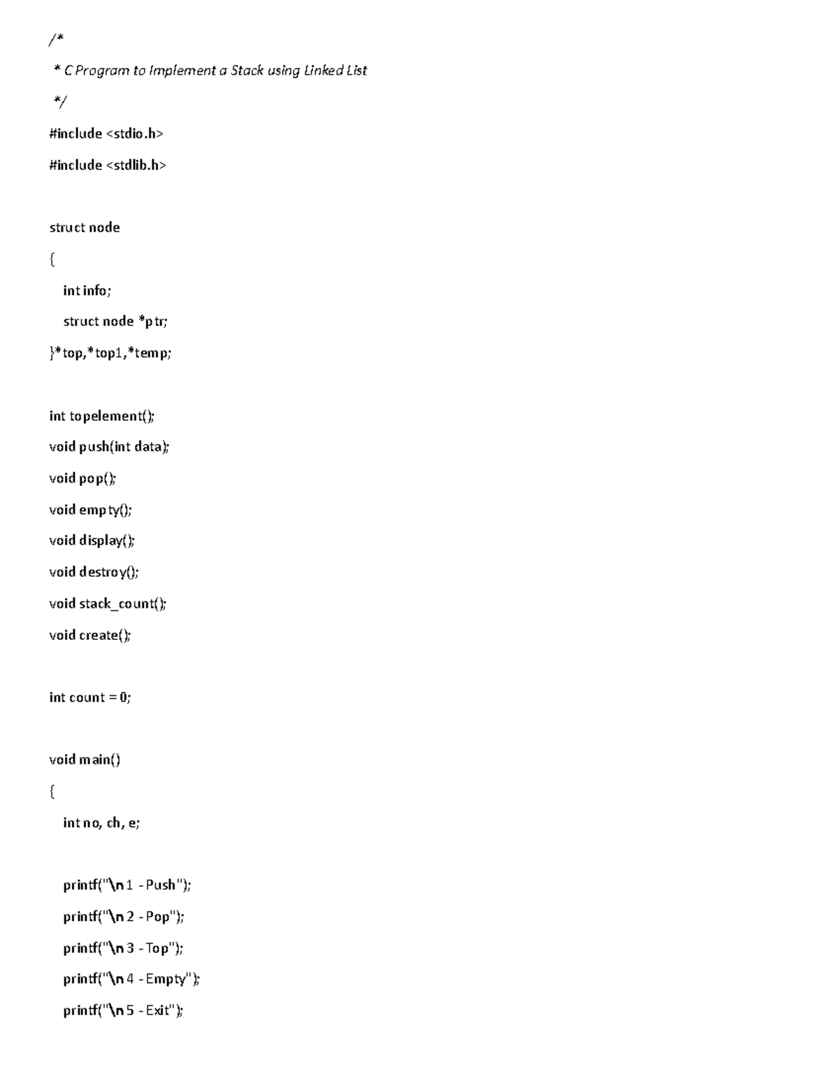 Downloadfile - Stack using LinkedIn list - /* C Program to Implement a ...