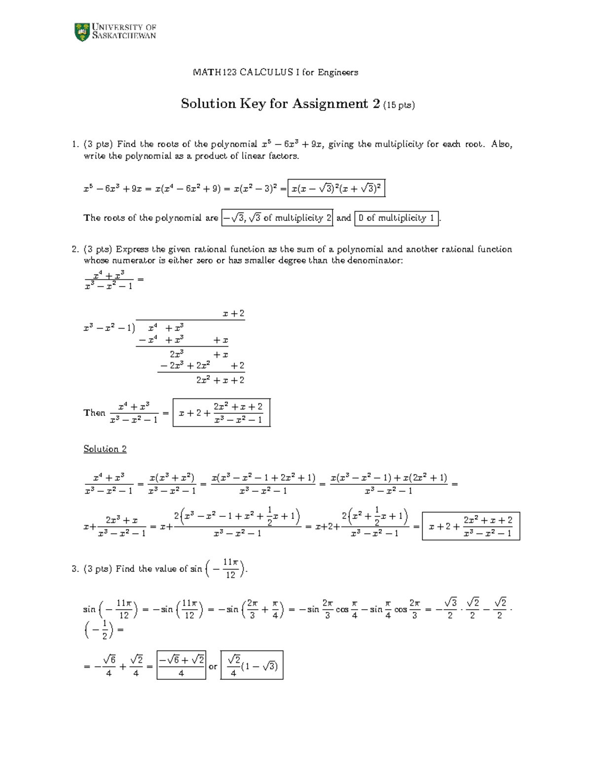 Assign 2-Solution - MATH123 CALCULUS I For Engineers Solution Key For ...