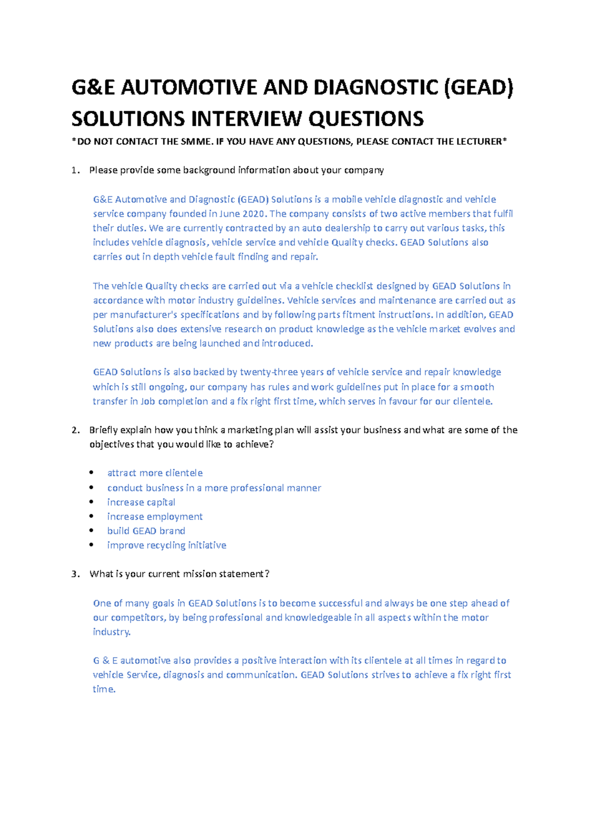 MNM3701 Interview Questions G&E AUTOMOTIVE AND DIAGNOSTIC (GEAD