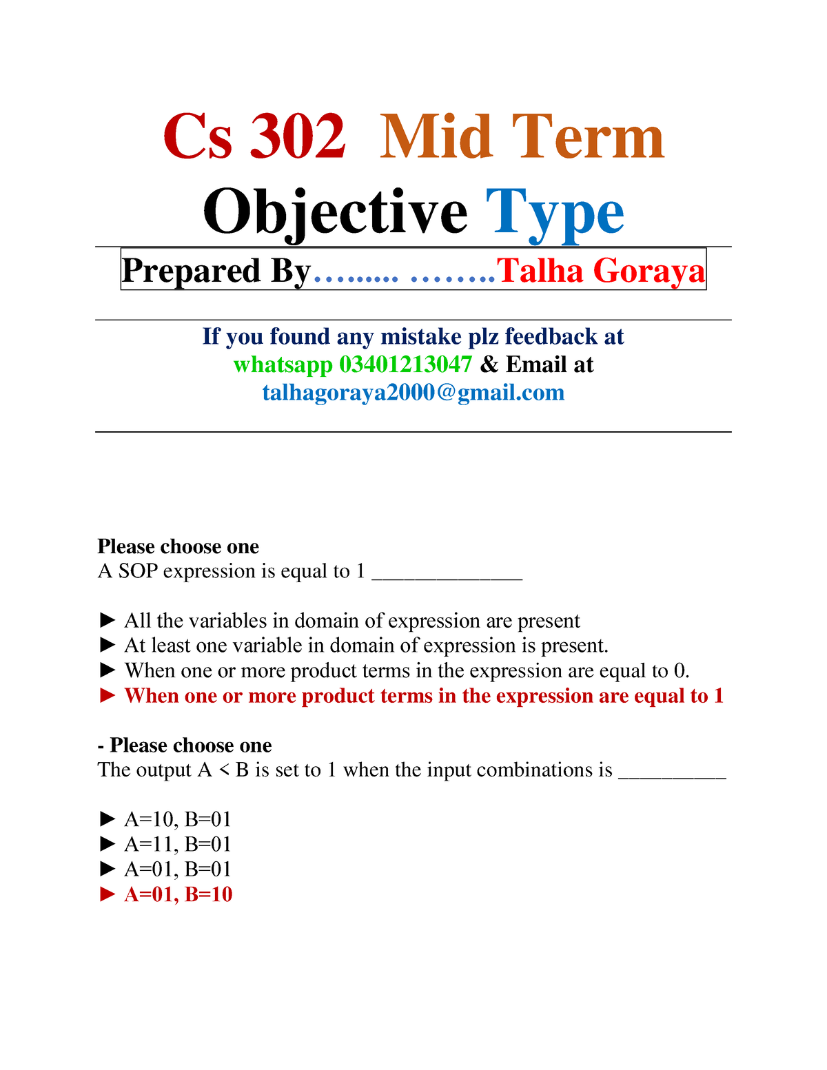 CS302 Mid Term Objective Type By Talha Goraya - Cs 302 Mid Term ...