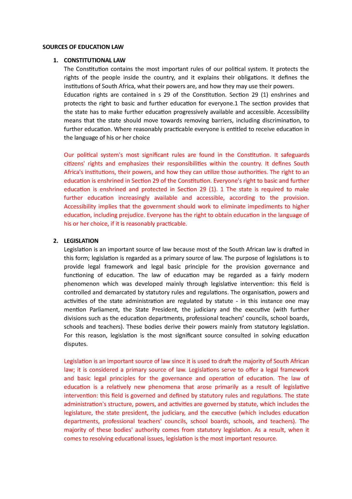 Sources OF Education LAW SOURCES OF EDUCATION LAW 1. CONSTITUTIONAL