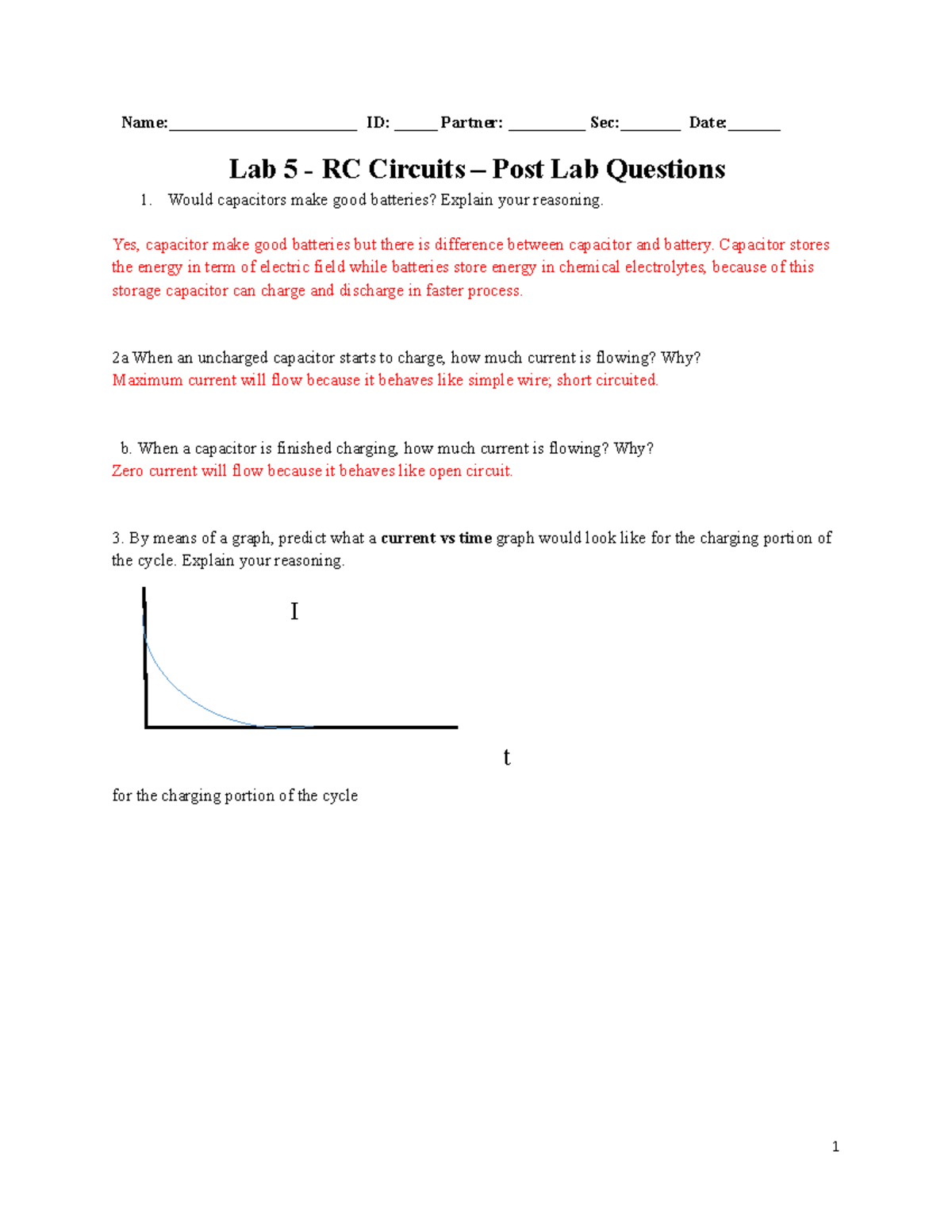 Lab 5 RC Circuits Post Lab Questions Name______________________ ID