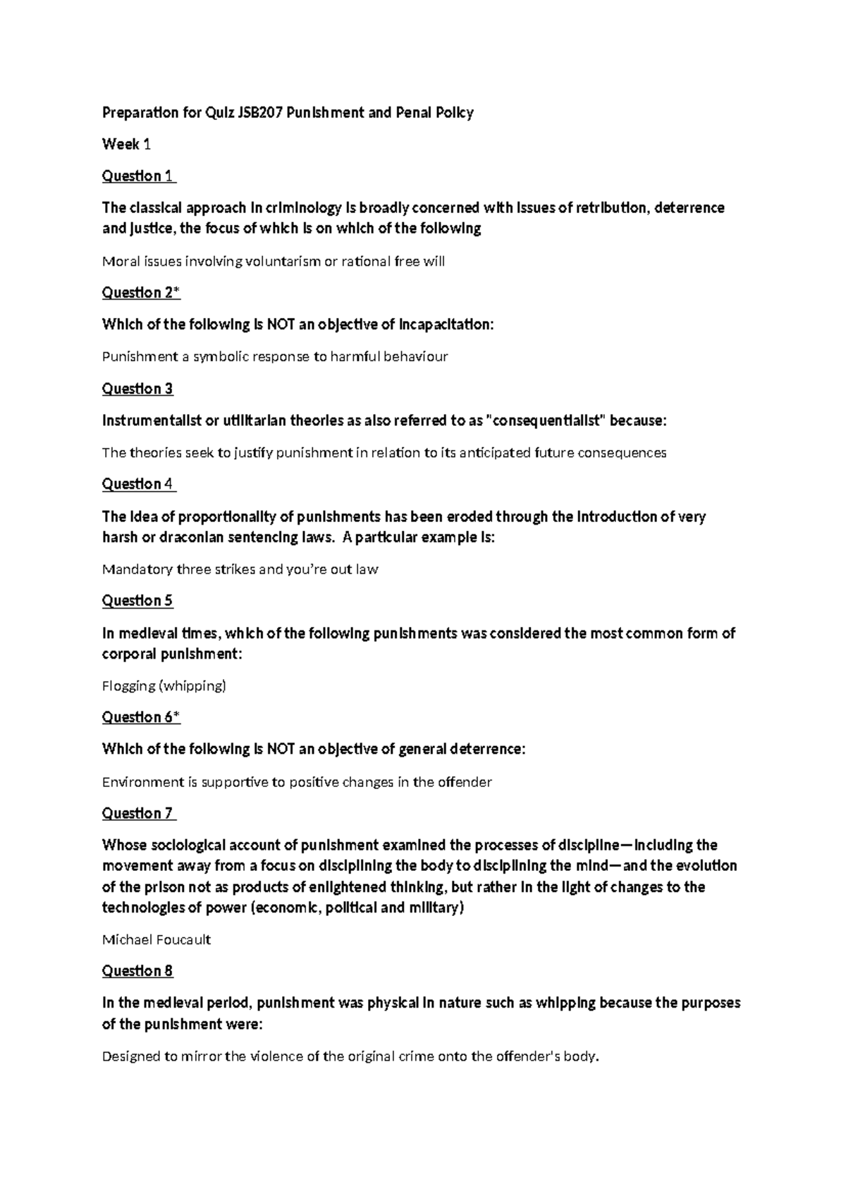 Preparation for Quiz JSB207 Punishment and Penal Policy - A particular ...