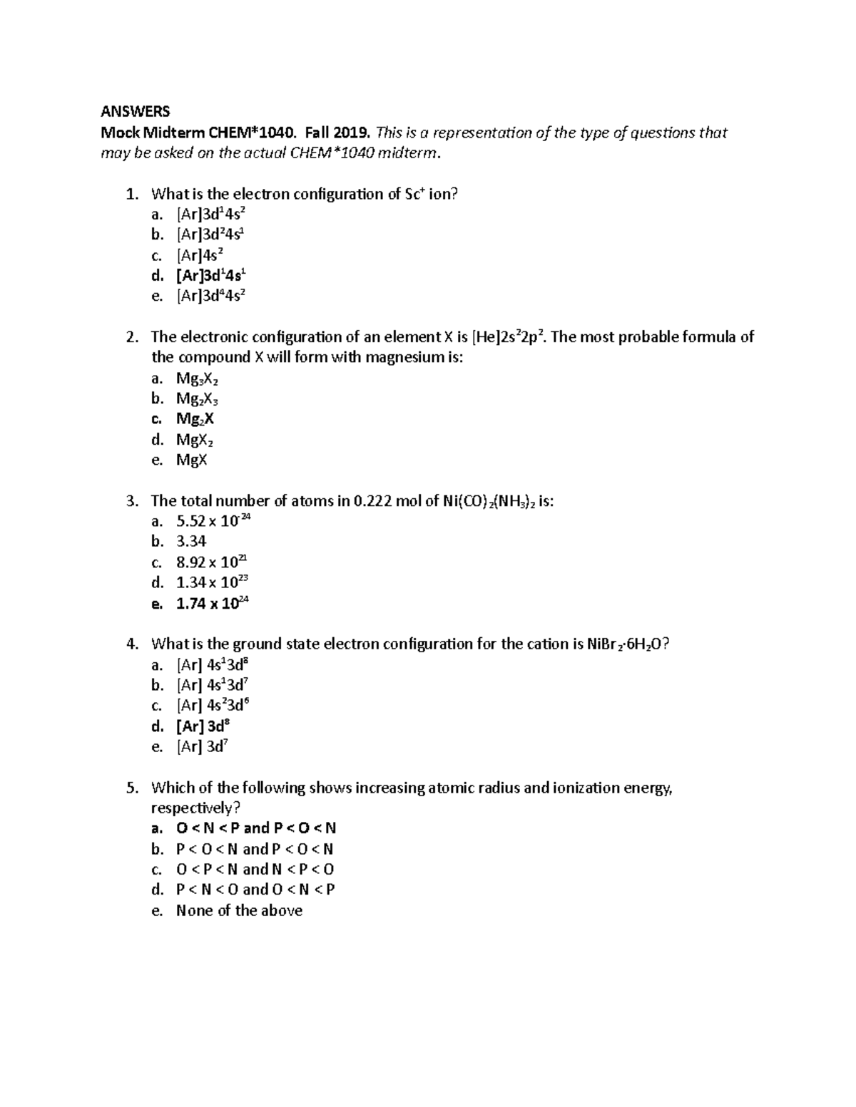 Chem 1040 Practice Exam - ANSWERS Mock Midterm CHEM1040. Fall 2019 ...