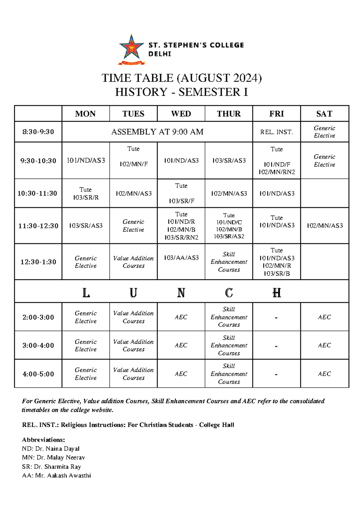 1HST 1a - This is the timetable of the course - TIME TABLE (AUGUST 2024 ...