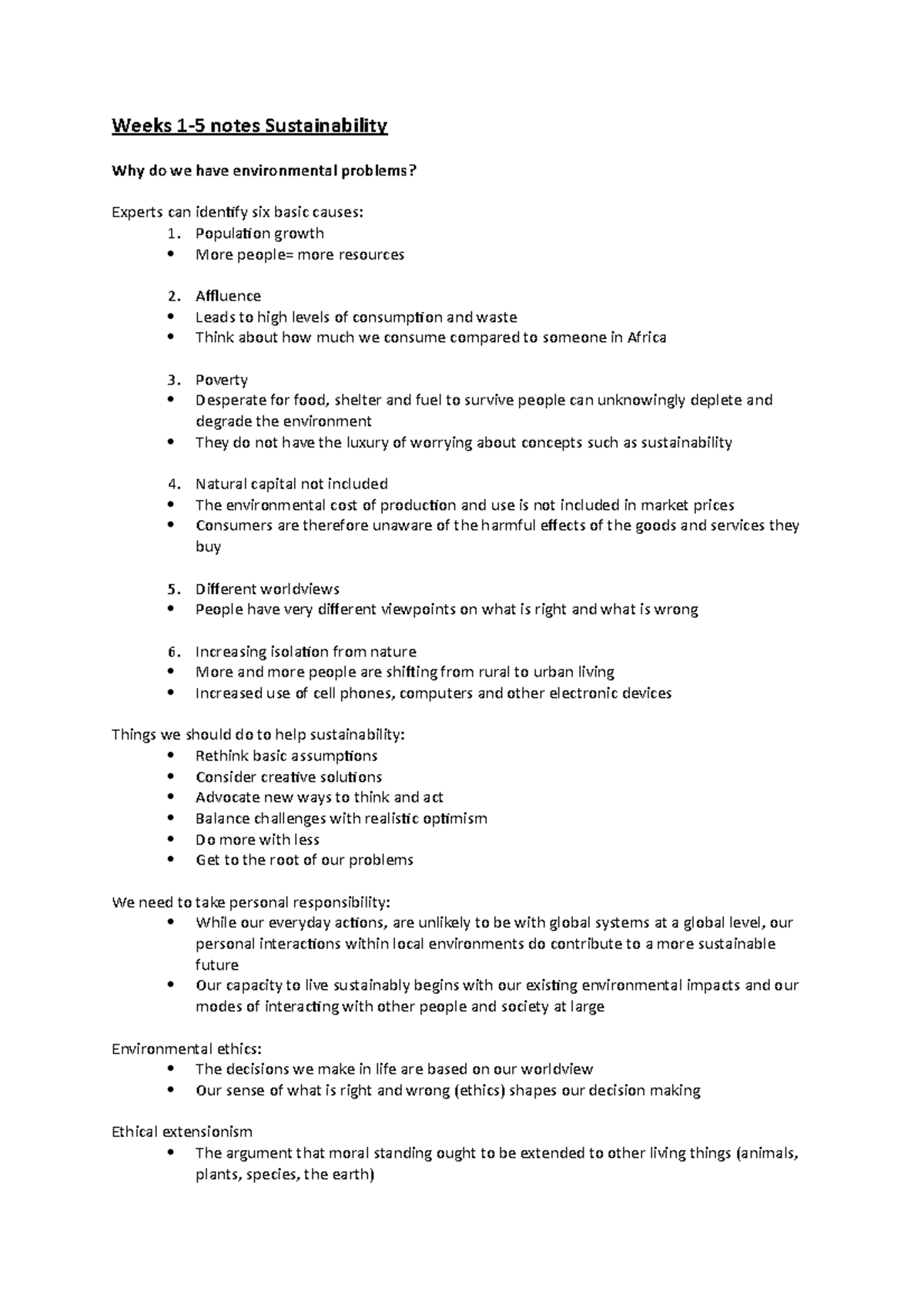 Weeks 1-5 notes Sustainability 100G - Weeks 1-5 notes Sustainability ...