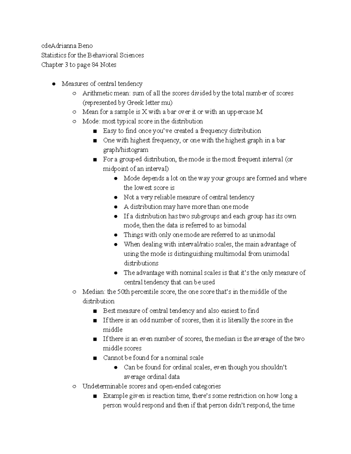 Chapter 3 to page 84 notes - cdeAdrianna Beno Statistics for the ...